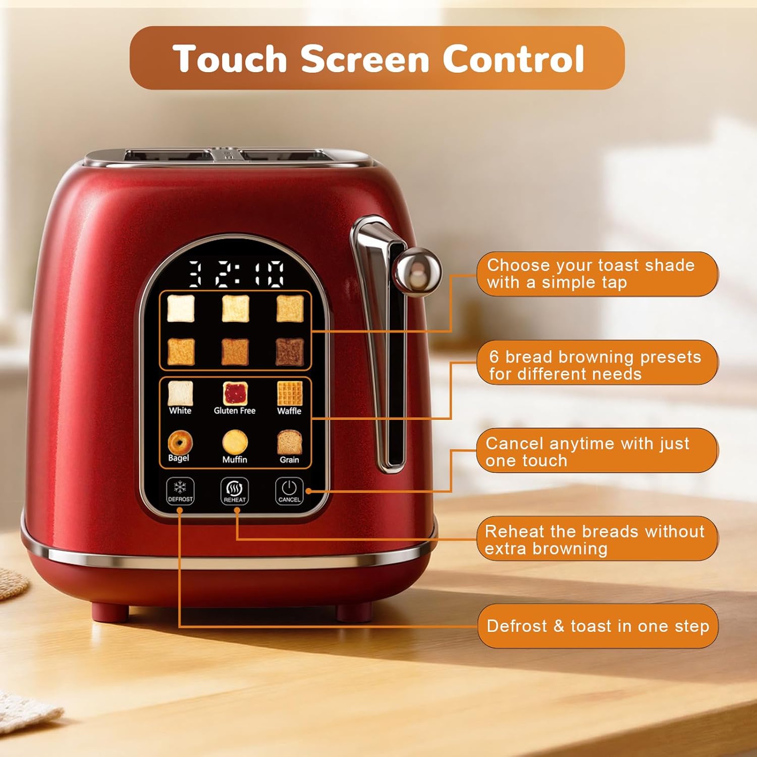 Mecity Toaster 2 Slice, Touch Screen Wide Slot Retro Toaster For Breads Bagel Muffin Waffle, House Warming Gift New Home, 120V 825W, Red Pearl