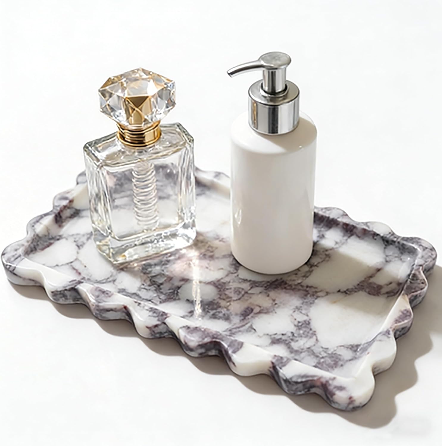 Natural Marble Decorative Tray-Bathroom Counter Decor Vanity Perfume Tray | 11.8x7.1x0.7 Scalloped Rectangle Stone Tray for Home Decor, Catchall Trays for Trinket Jewelry Perfume Candle Coffee Table