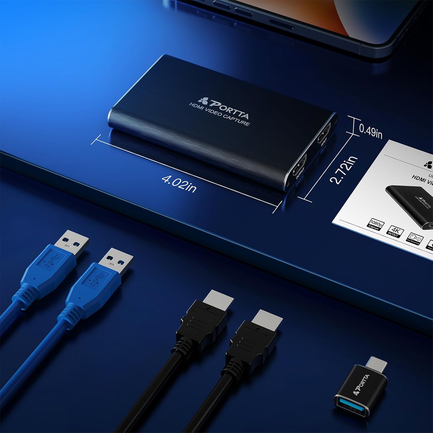 Image showing the dimensions of the Portta HDMI Video Capture Card.