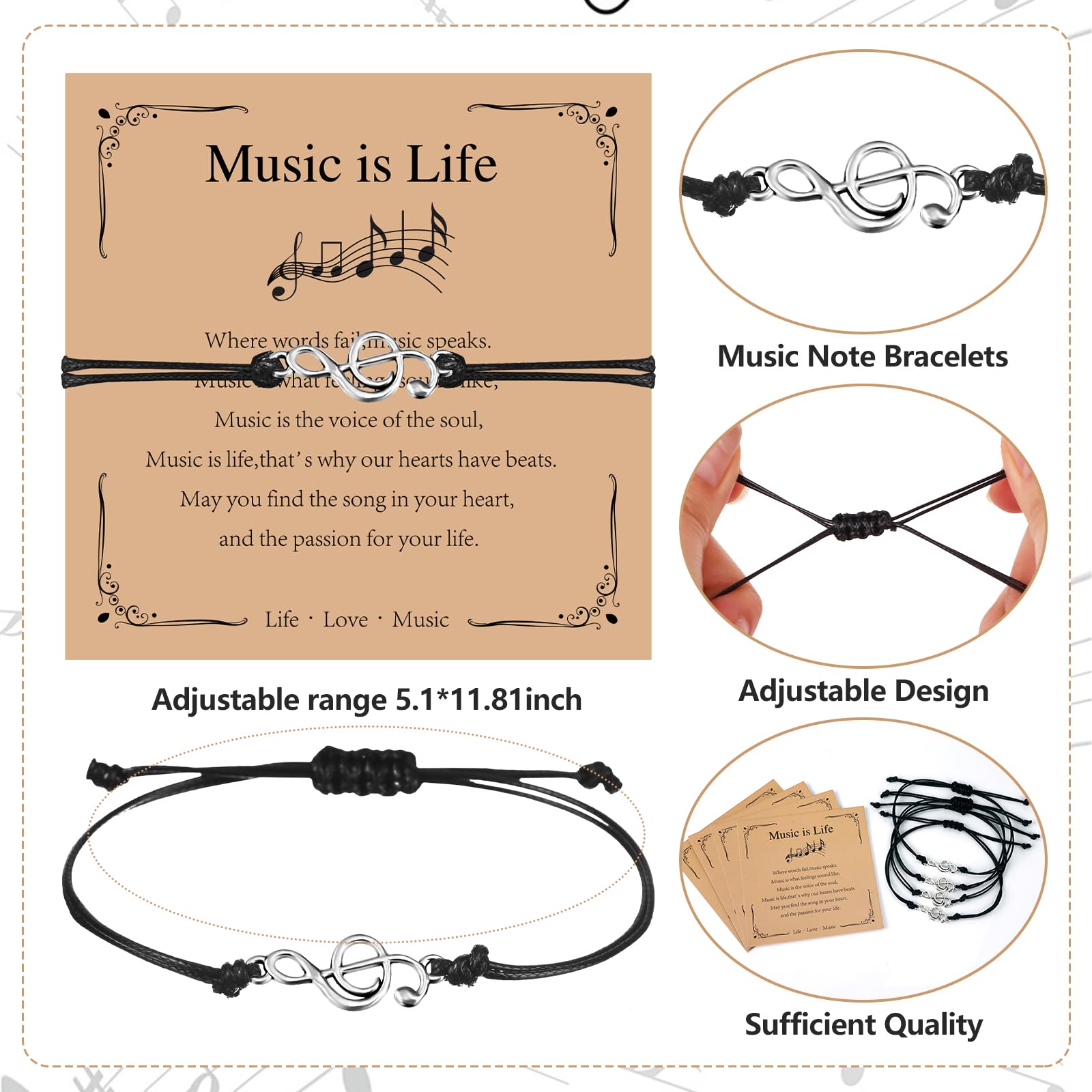24 Set Music Gifts Bulk Musical Note Bracelets with Inspirational Cards Music Lovers Gifts Musician Accessories Choir Appreciation Gift Musical Party Favors for Musician Choir Teacher Students - Image 3
