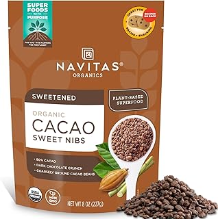 Navitas Organics Cacao Nibs – Sweetened Dark Chocolate Crunch – Antioxidants, Minerals, Fiber – For Trail Mix, Baking & More – USDA Organic, Fairtrade, Non GMO, Gluten Free, Non-alkalized (8oz. Bag 57 Servings)