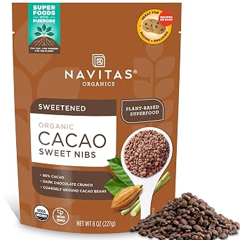 Navitas Organics Cacao Nibs Sweetened Dark Chocolate Crunch Antioxidants, Minerals, Fiber For Trail Mix, Baking & More USDA Organic, Fairtrade, Non GMO, Gluten Free, Non-alkalized 8oz. Bag 57 Servings