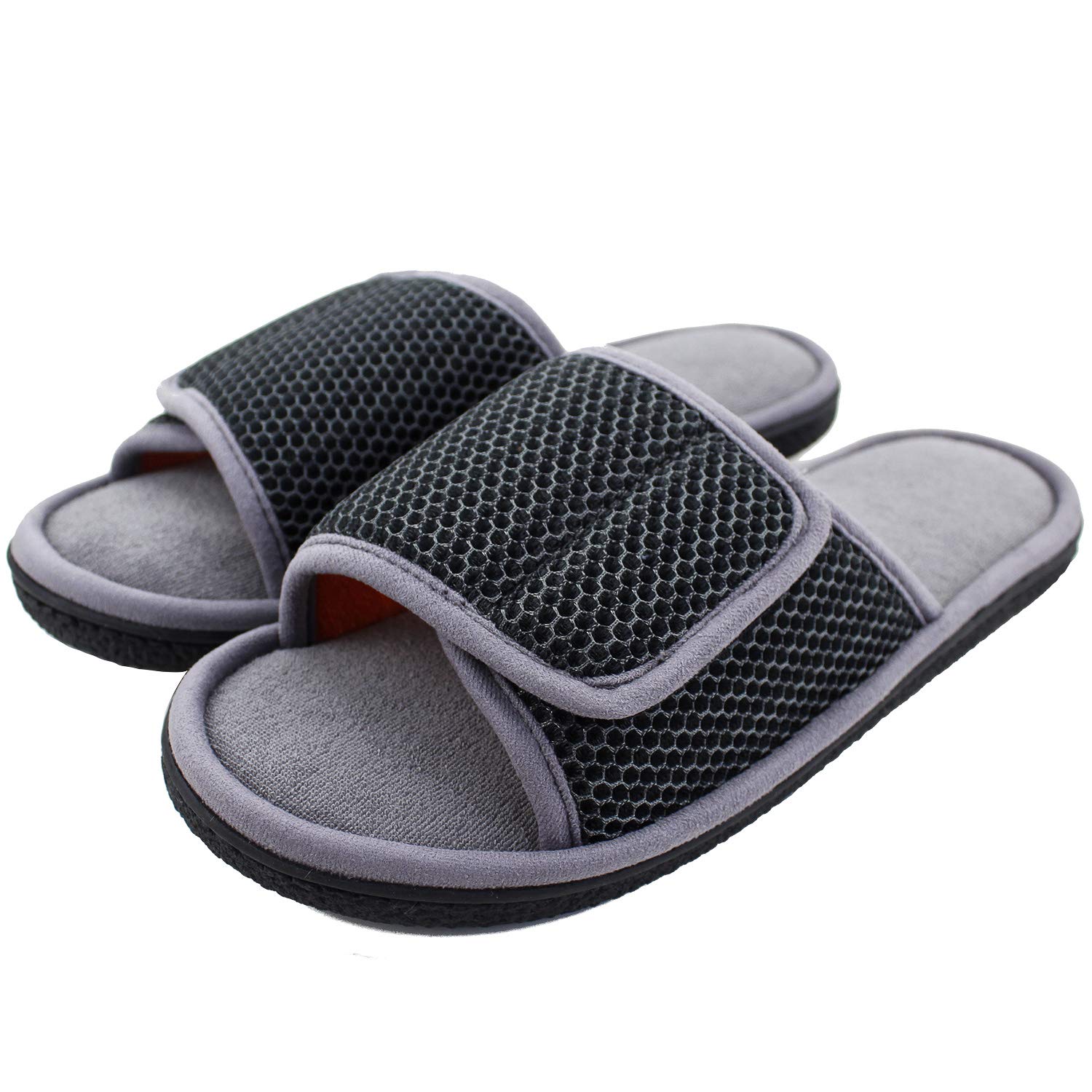 WALKFUN Adjustable House Slippers for Men Open Toe Breathable Indoor Slip on Mens Slides Sandals with Memory Foam for Bedroom,Patio