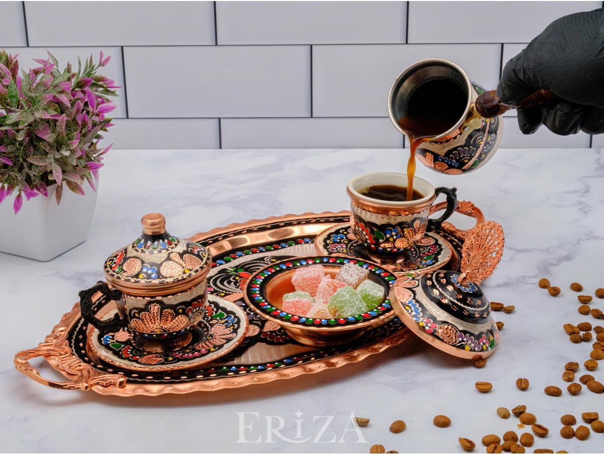SODEF Embossed Copper Coffee Cup Set for Two with Tray, Turkish Delight Bowl, Coffee Pot, Green Porcelain - Eva Special