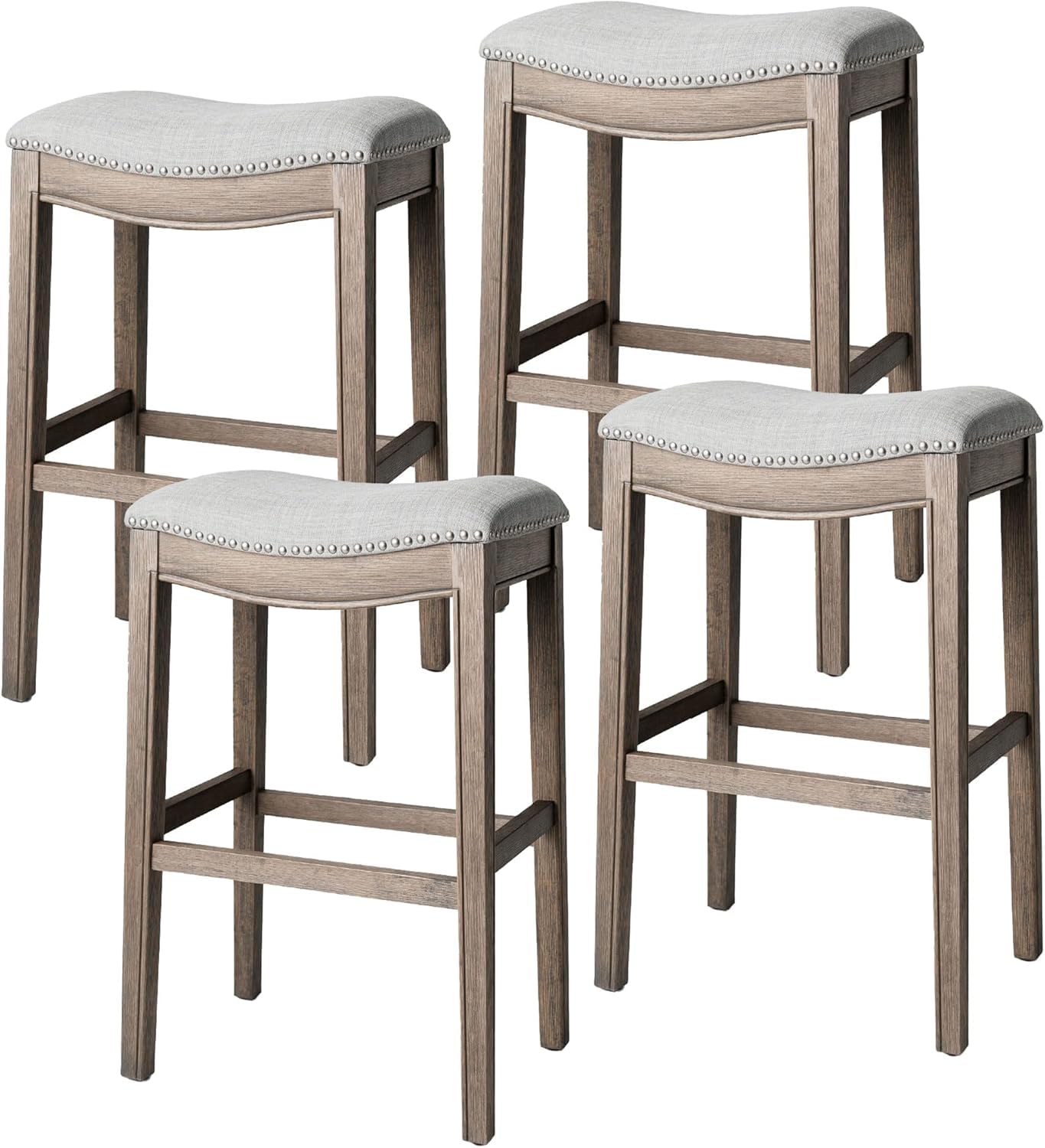 Maven Lane Adrien Backless Bar Stool – Set of 4 – 31 Inch Saddle Seat with Footrest – Grey Solid Wood Frame & Grey Fabric Upholstery – Ideal for Bars,