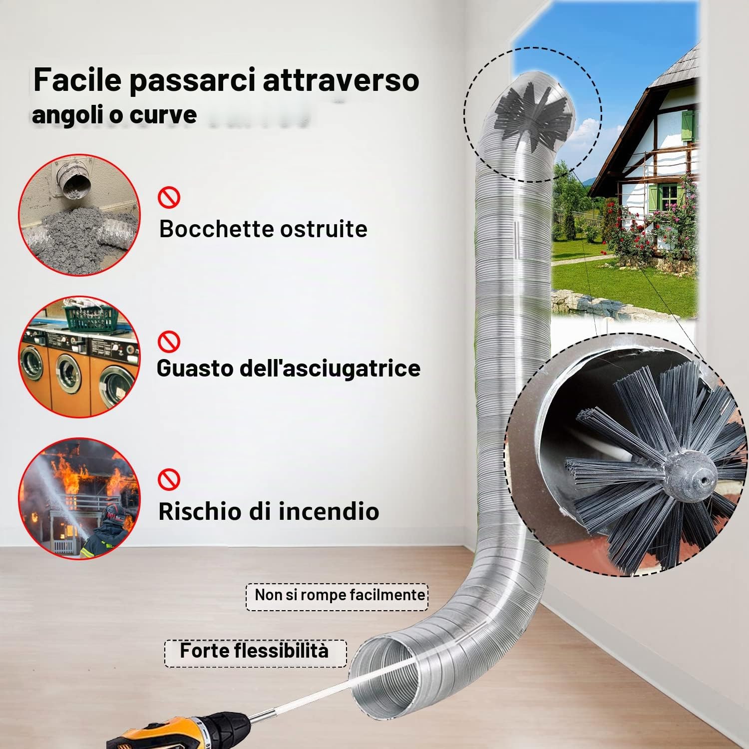 Spazzole per Camini in Nylon con 6 Aste Flessibili e 1 Testina per Pulizia Camino