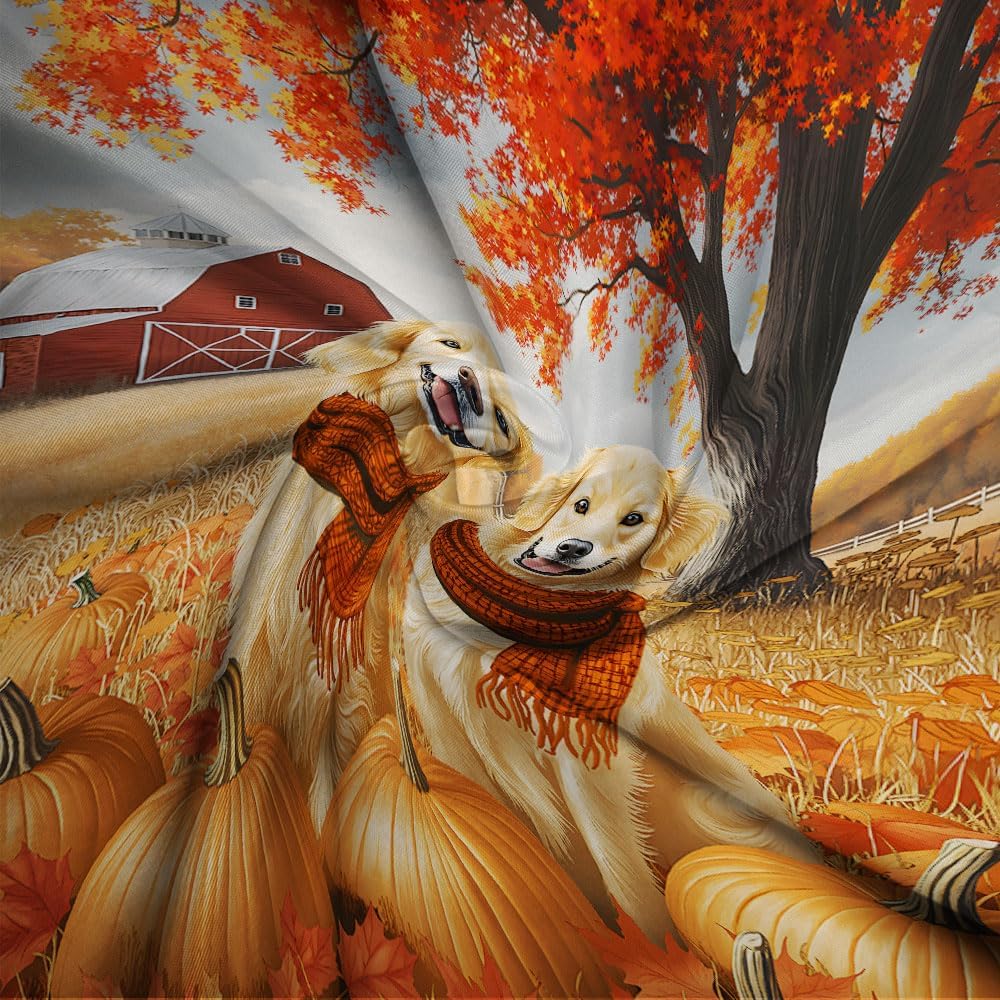 Fall Harvest Golden Retriever Shower Curtain Funny Dog Autumn Pumpkin Red Orange Maple Leaves Farmhouse Barn Country Scenery Bath Curtain Fabric Bathroom Accessories Decor with Hooks 70W x90L