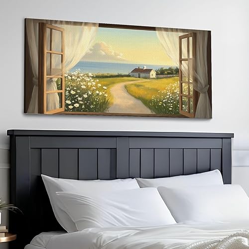 Miniatura 3 de Arte de pared costero vintage de 30 x 60 pulgadas, paisaje de ventana, granja, paisaje, naturaleza, pintura cálida, impresión sobre lienzo, arte de