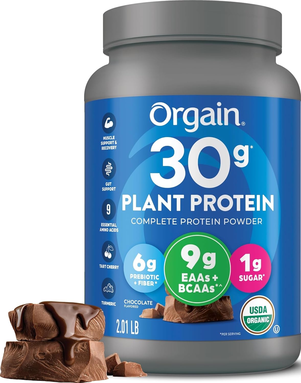Orgain Organic Vegan 30g High Protein Powder, Chocolate, 2.01 lb | Plant based, 9g EAAs + BCAAs, 6g prebiotic fiber, 1g sugar, pre-workout, muscle support & recovery, packaging may vary - Chocolate flavor protein powder by Orgain
