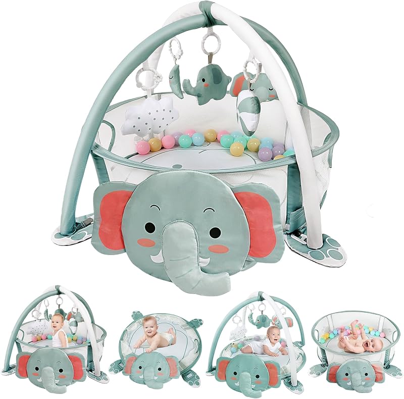 Elephant 4-in-1 Baby Play Mat Gym, with Ball Pit | Includes 30 Balls & 5 Learning Sensory Toys, Floor Gym Playmat for Newborn Infant Tummy Time, Ball Pit, Boy & Girl Gift