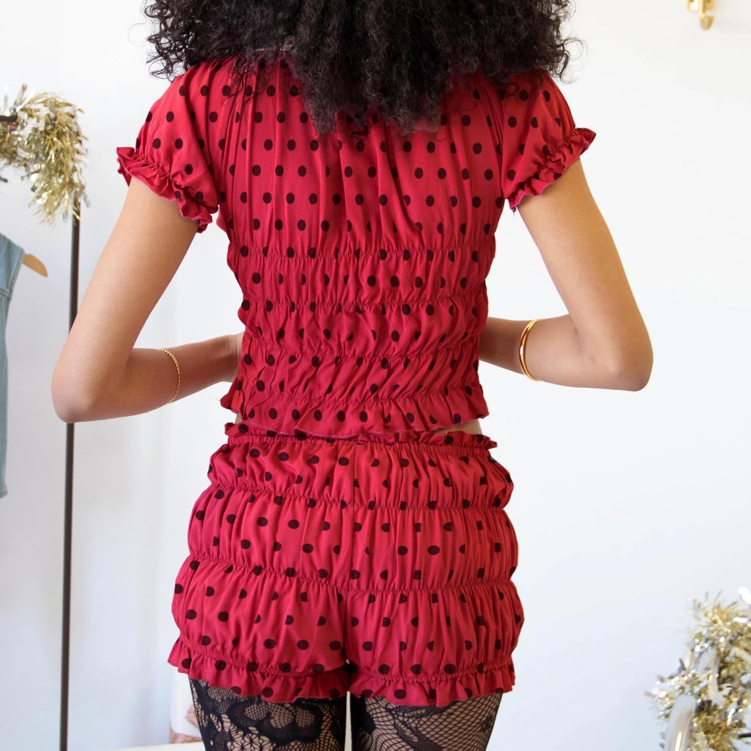 Women 2pcs Ruffle Pajamas Set Solid/Dot Print Smocked V-Neck Lace Trim Short Sleeve Crop Top Shorts Loungewear - Image 7