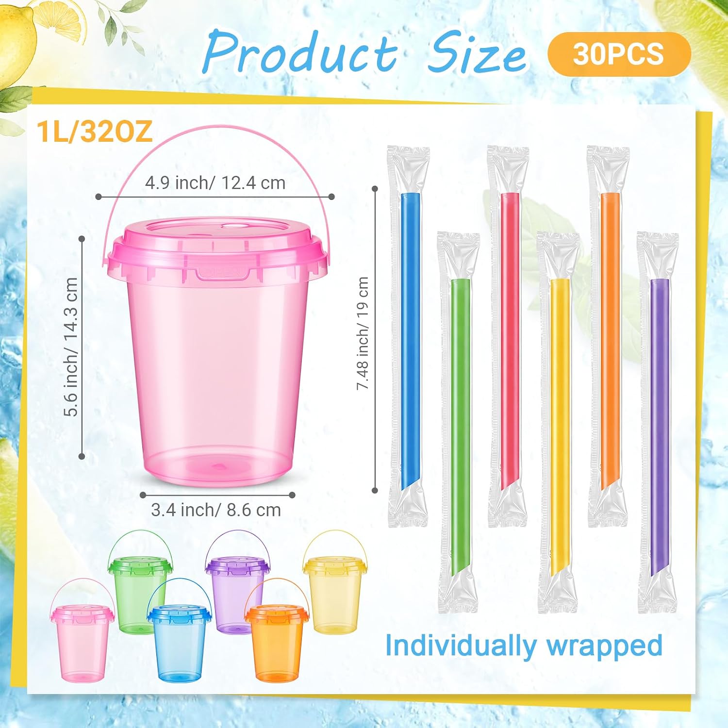 Ceenna 30 Sets 34 oz Colorful Plastic Drink Buckets with Lids and Straws Reusable Cocktail Rum Buckets Portable Drink Food Containers for Summer Pool Beach Bar Party Favors