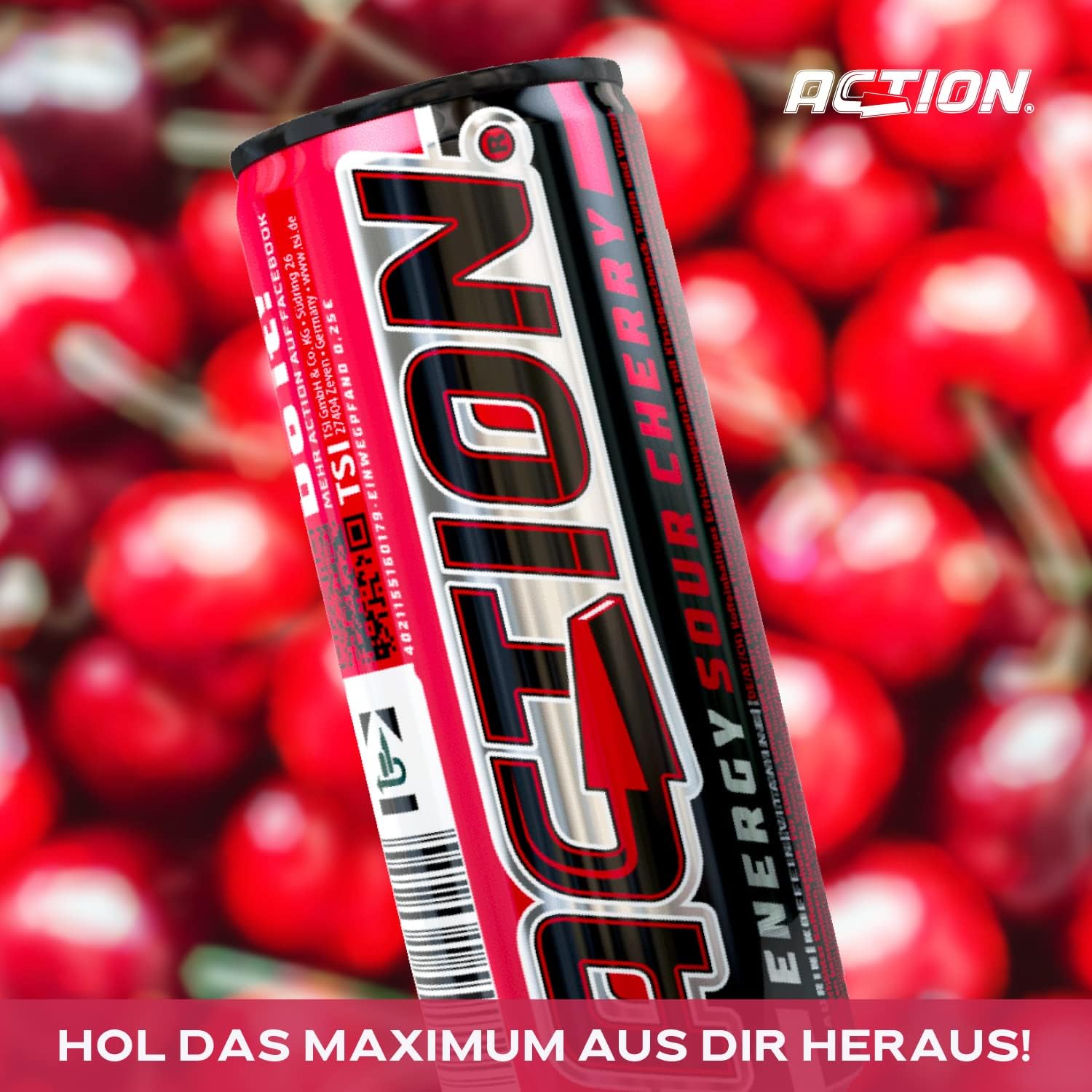 ACT!ON Action Energy Drink Sour Cherry (48 x 250 ml) incluye depósito – Refresco con sabor a cereza agria – patata energética con mayor contenido de cafeína 32 mg/100 ml cafeína rendimiento mejorado