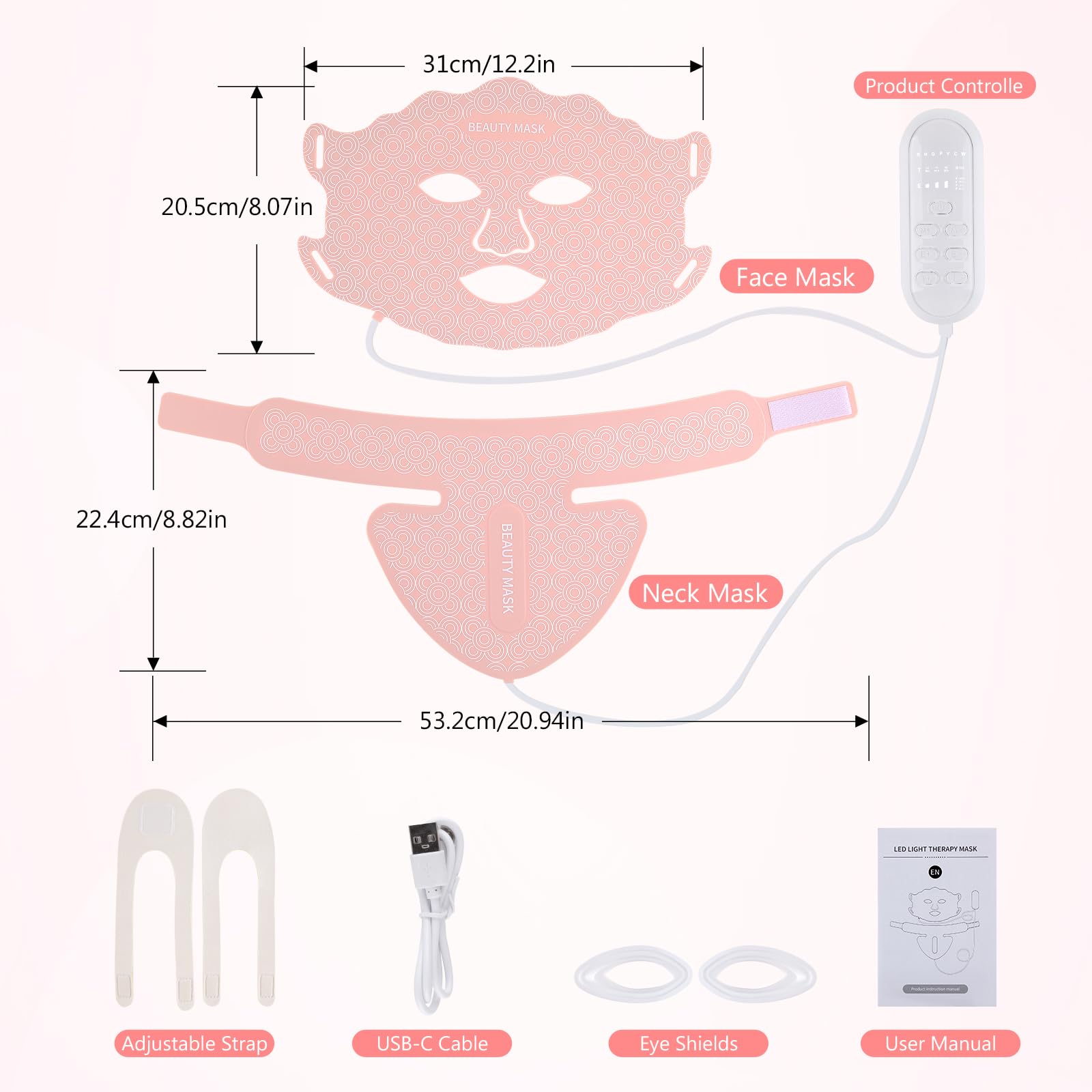 Masque LED de luminothérapie pour le visage, 7 couleurs avec lampe à lumière rouge pour le visage et le cou soin professionnel à domicile