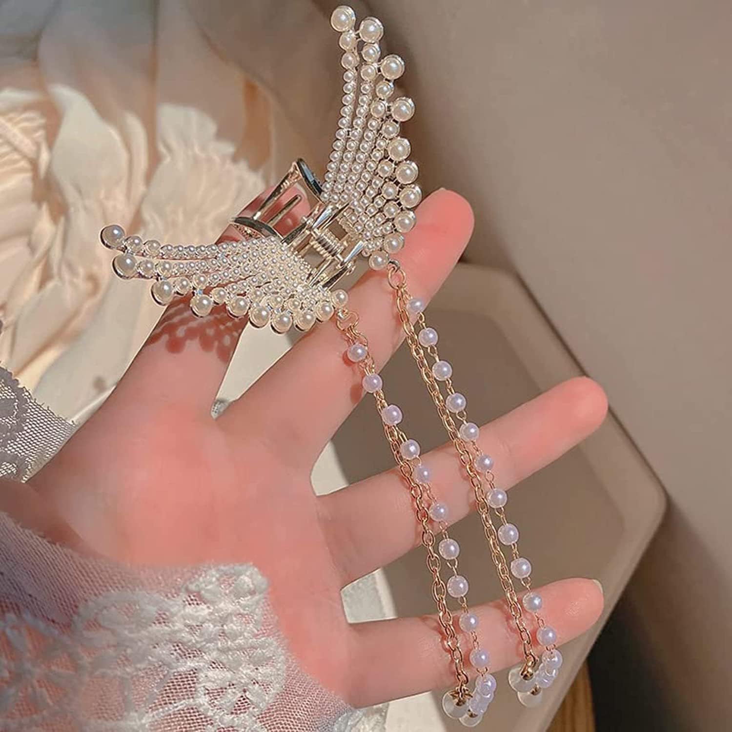MVM Enterprise Butterfly Design Pearl Hair Claw Clips Hairstyle Elegant Royal Fashion Clutcher Pins | Wedding Bridal Jaw Clamp Tassels Charming Hair Pins Party Modern Jewelry For Women's & Girls 4