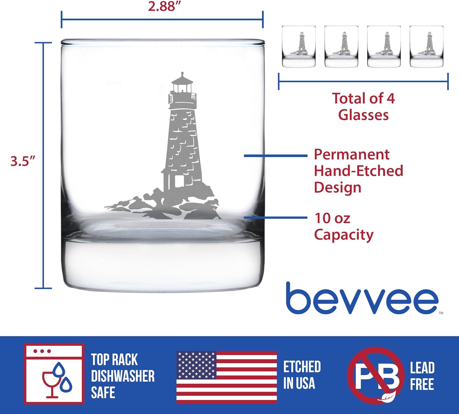 Bevvee Lighthouse Whiskey Rocks Glass - Nautical Themed Decor and Gifts for Beach Lovers - Set of 4-10.25 Oz Glasses