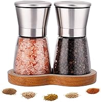 LessMo Salt & Pepper Grinder Set with Wooden Tray - Brushed Stainless Steel, Adjustable Ceramic Mills, 8oz Glass Refillable Shakers