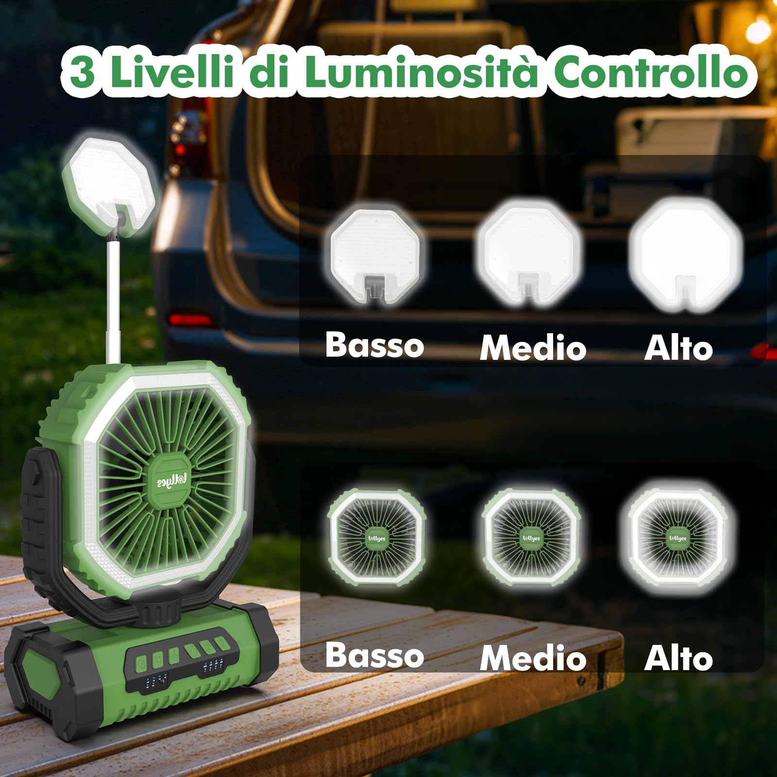 Ventilatore da Campeggio con Luce, Alimentazione a Batteria 20000mAh, Ventilatore Portatile Ricaricabile con Telecomando e Gancio Rotante a 360°, 4 Velocità per Interni, Viaggi, Camper (Verde)