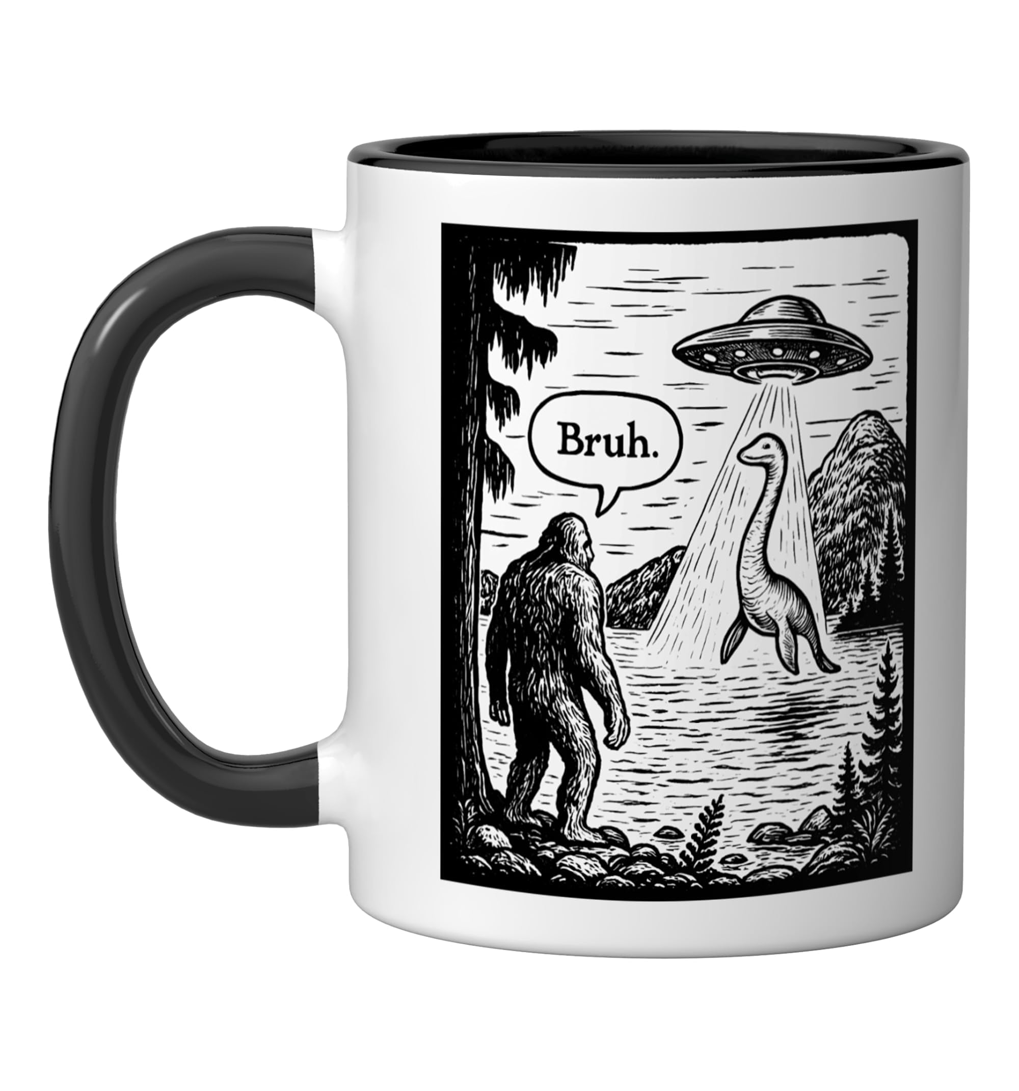 Funny Bruh Bigfoot Loch Ness Monster Abduction By UFO Alien Ceramic Mug, Black/White, 11oz