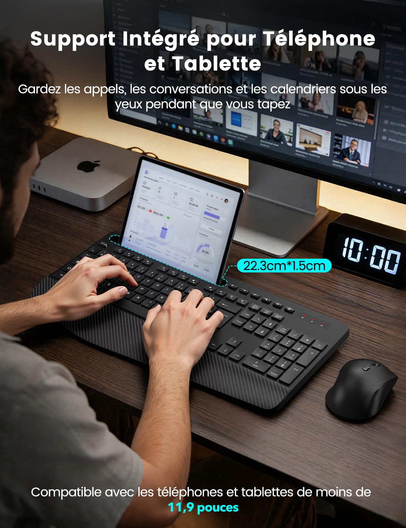 Ensemble Clavier et Souris sans Fil, Ergonomique Pleine Taille Clavier avec Repose-Poignet, Support, Mode Veille, 2,4 GHz Silencieux Clavier Souris pour Windows, PC, Laptop, AZERTY-KM23 (Noir)