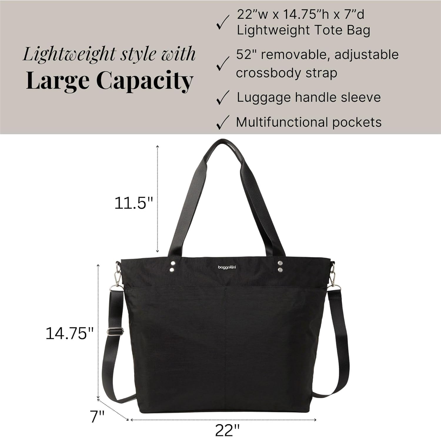 Baggallini Large Carryall Tote - Lightweight Nylon Zipper Top Weekender Travel Beach Bag w/Luggage Sleeve - Image 4