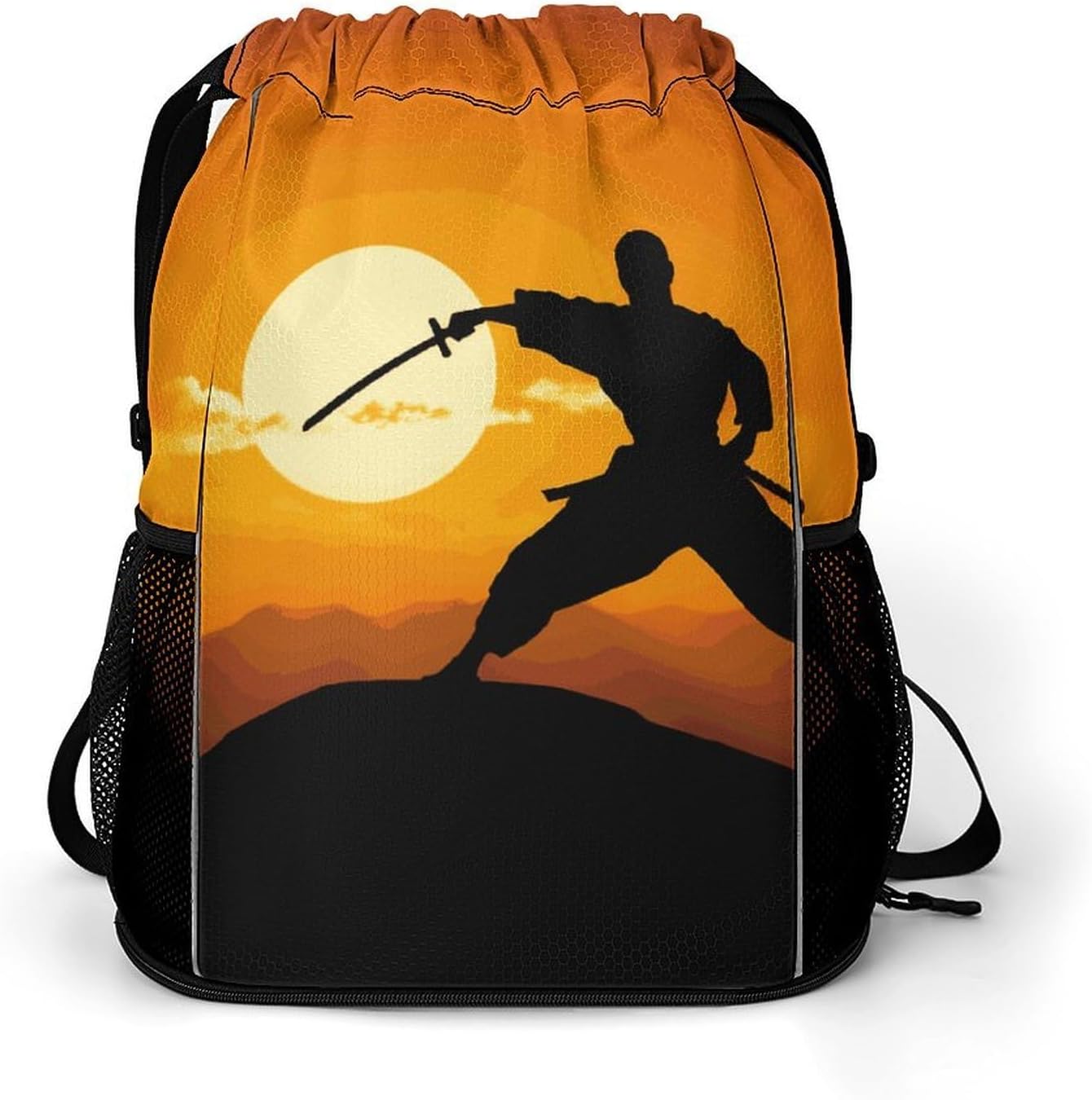 Sun Karate Silhouette Drawstring Backpack with Wet Pocket - Large Capacity Gym Bag with Shoe Compartment & Mesh Pockets, Adjustable Lightweight Gym Backpack for Swimming, Travel, Workout