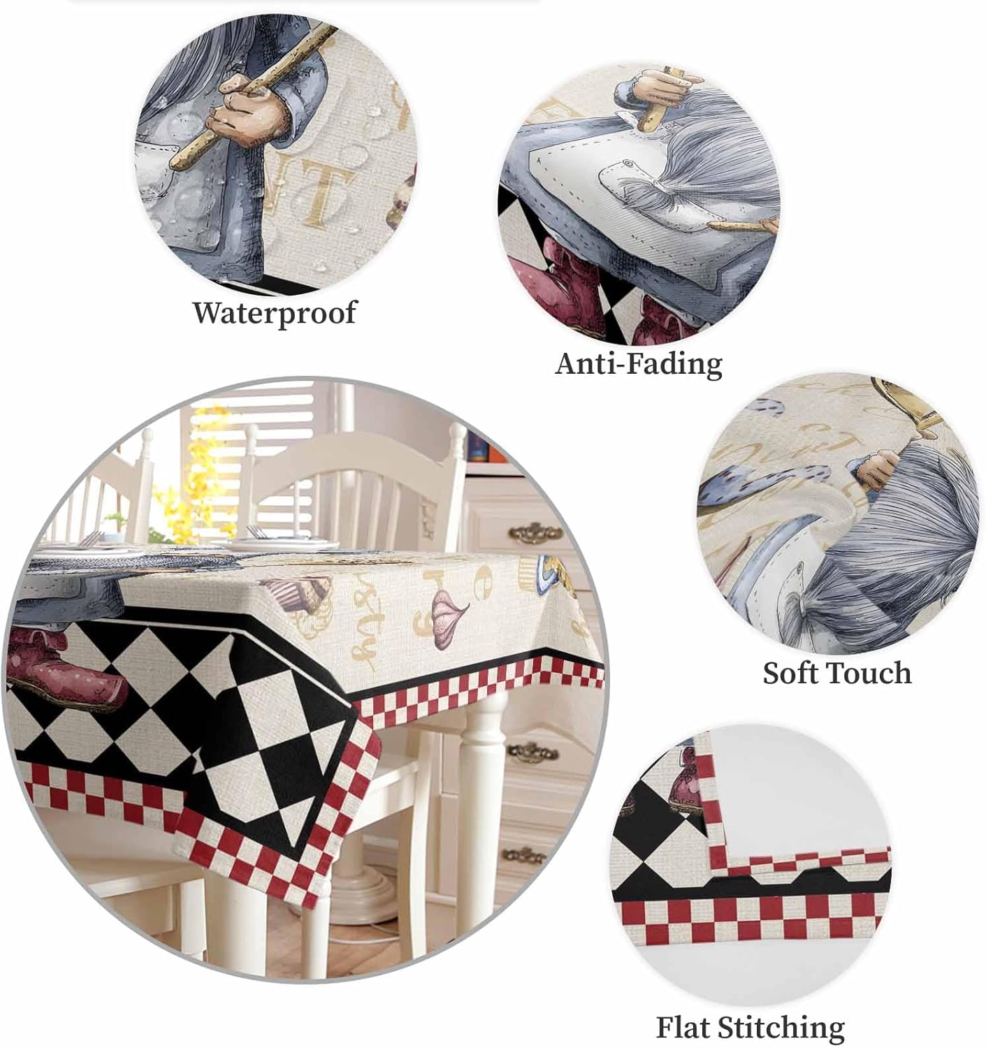 Rectangle Tablecloth Waterproof & Stainproof Tablecloths,Chef Gnomes Washable Table Cloth Wrinkle-Free Fabric Table Cover Fat Chef Kitchen Decor and Accessories Checkered Black White Red Plaid