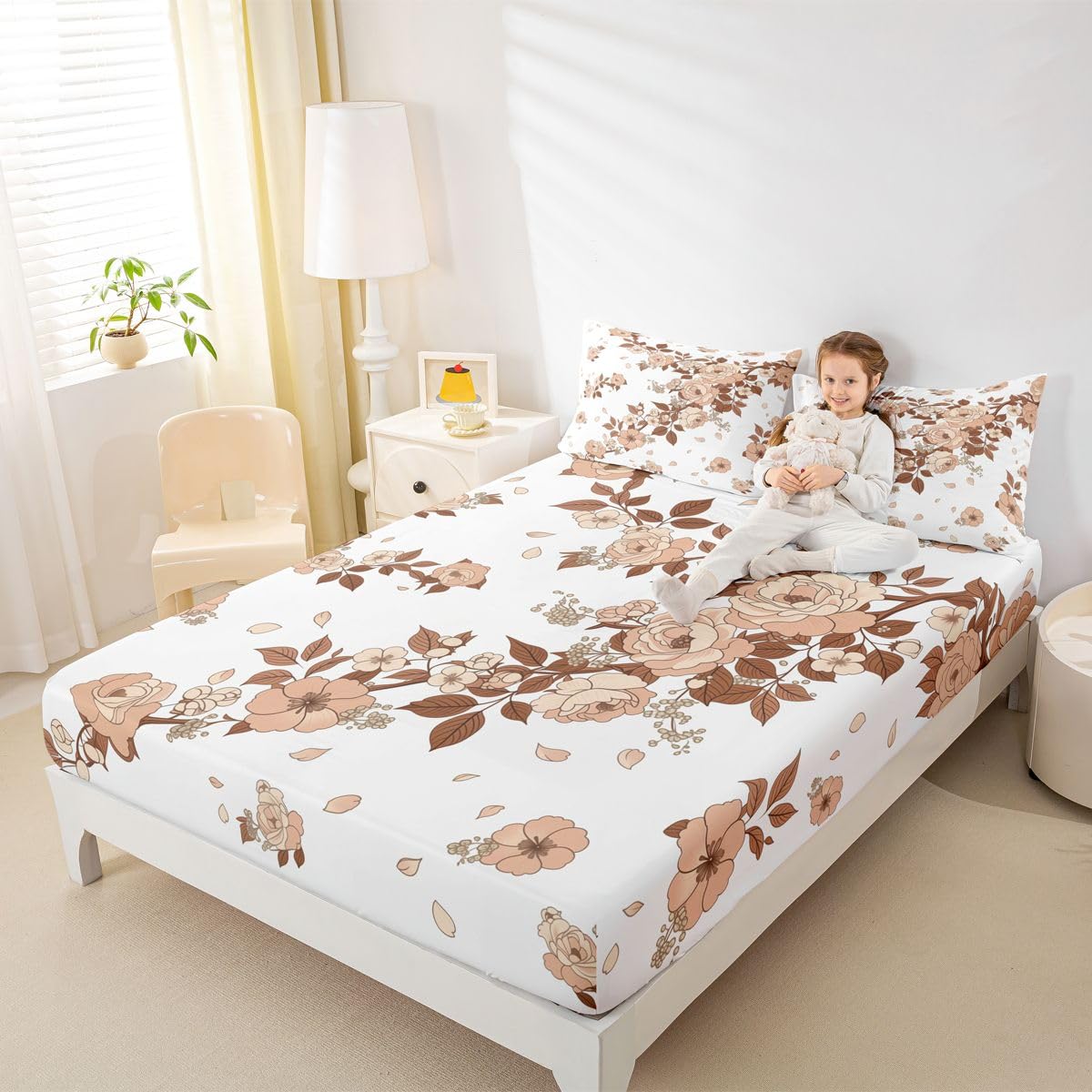 Homewish Boho kwiatowe prześcieradła podwójne vintage róża piwonia kwiaty zestaw pościeli brązowy i gałąź botaniczny zestaw pościeli - rustykalny dom wiejski dopasowane płaskie prześcieradła 4