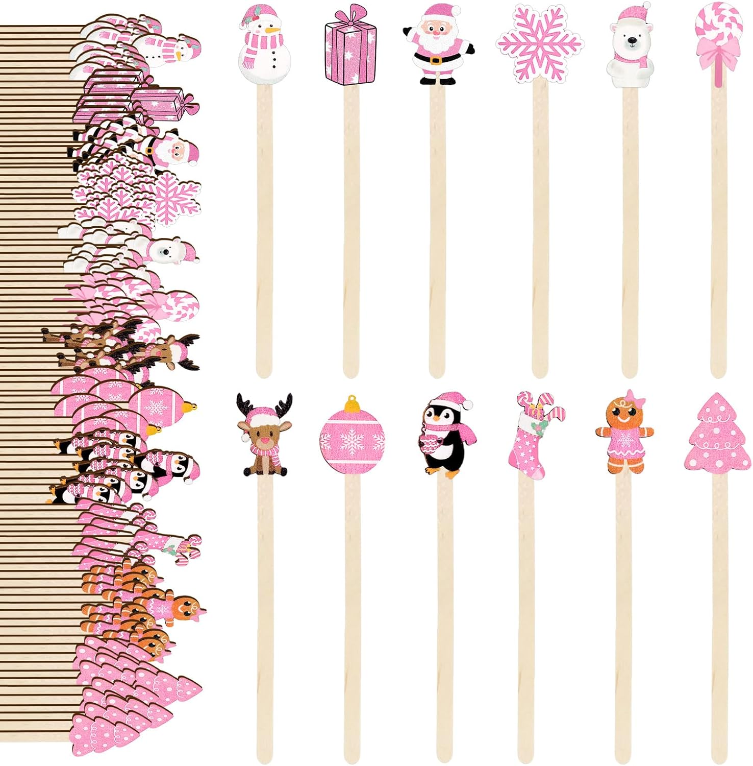JarThenaAMCS 120Pcs Christmas Coffee Stirrers Disposable Stir Sticks Pink Xmas Pattern Wooden Drink Stirrer for Hot Chocolate Milkshake Restaurant Home Office