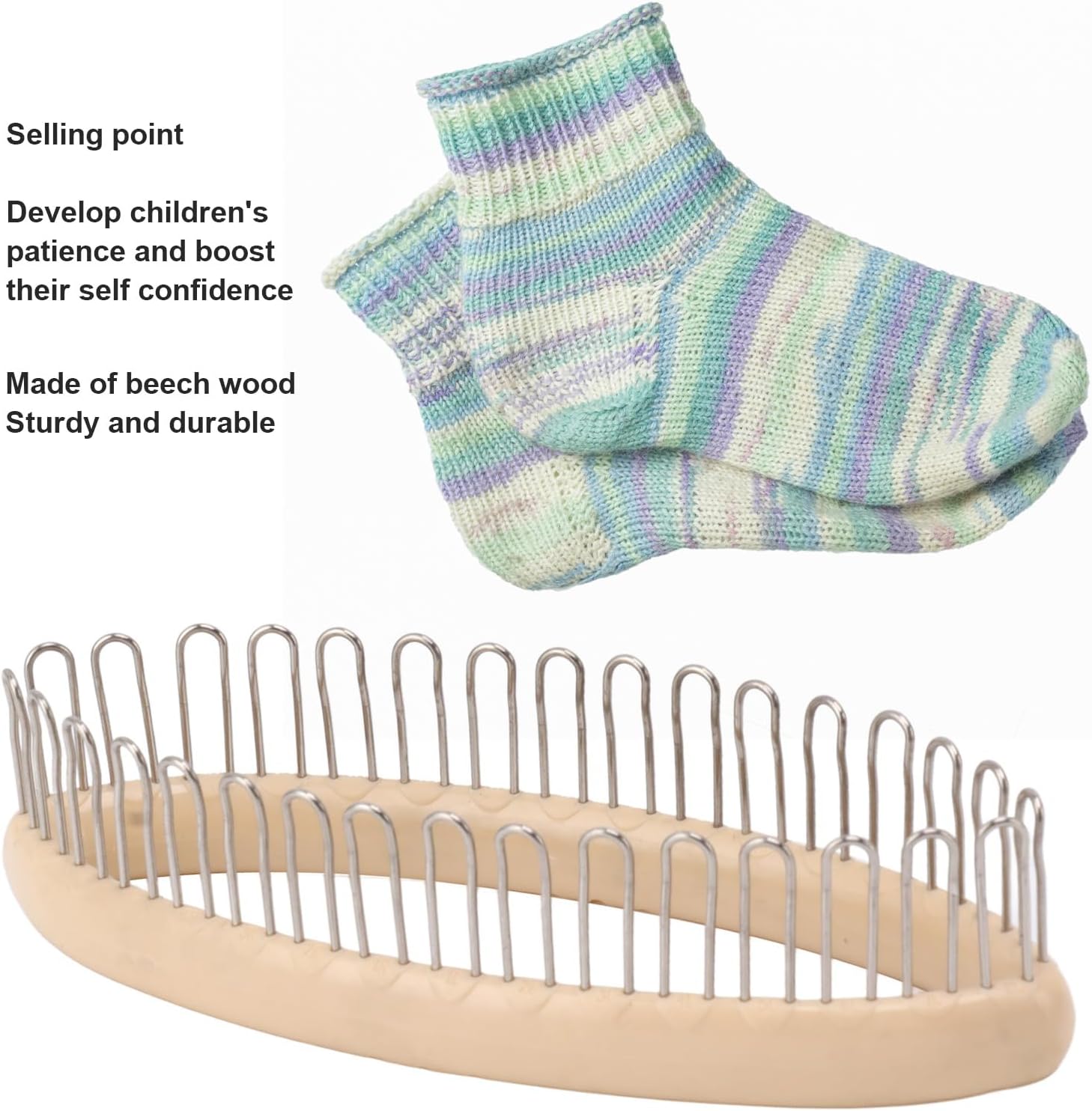 Sock Loom Kit, Oval Knitting Loom Set with Crochet Hooks & Knitting Needles, Beechwood Long Knitting Board Weave Loom Craft Yarn Kit DIY Tool for Hat Scarf Shawl Blanket DIY Craft Sewing Accessories