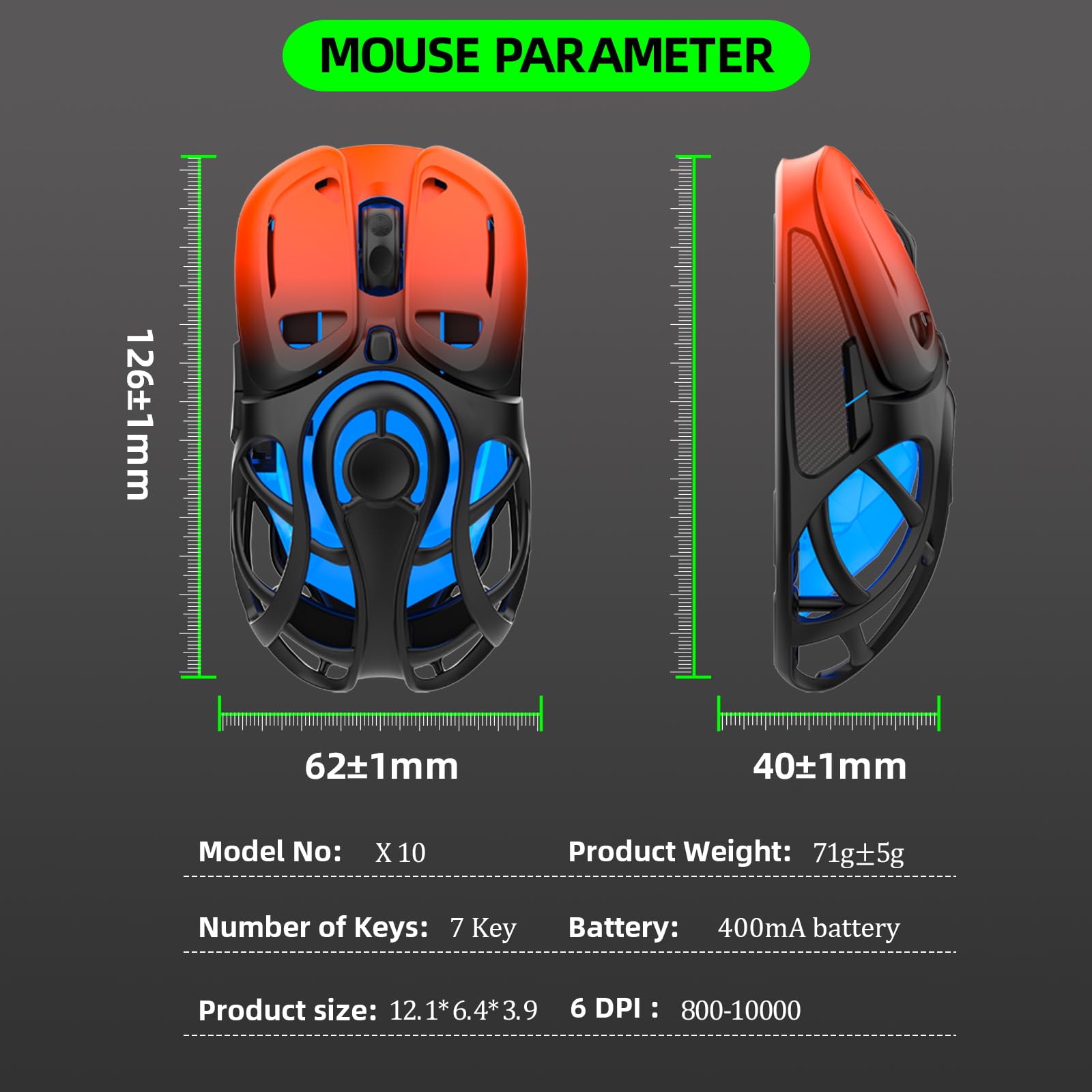 Mouse da gioco wireless fino a 10K DPI, mouse wireless Tri-Mode 2.4G/BT5.0/USB-C, 7 pulsanti programmabili, retroilluminazione RGB, mouse ergonomico ricaricabile per PC, Mac/laptop (arancione sfumato)