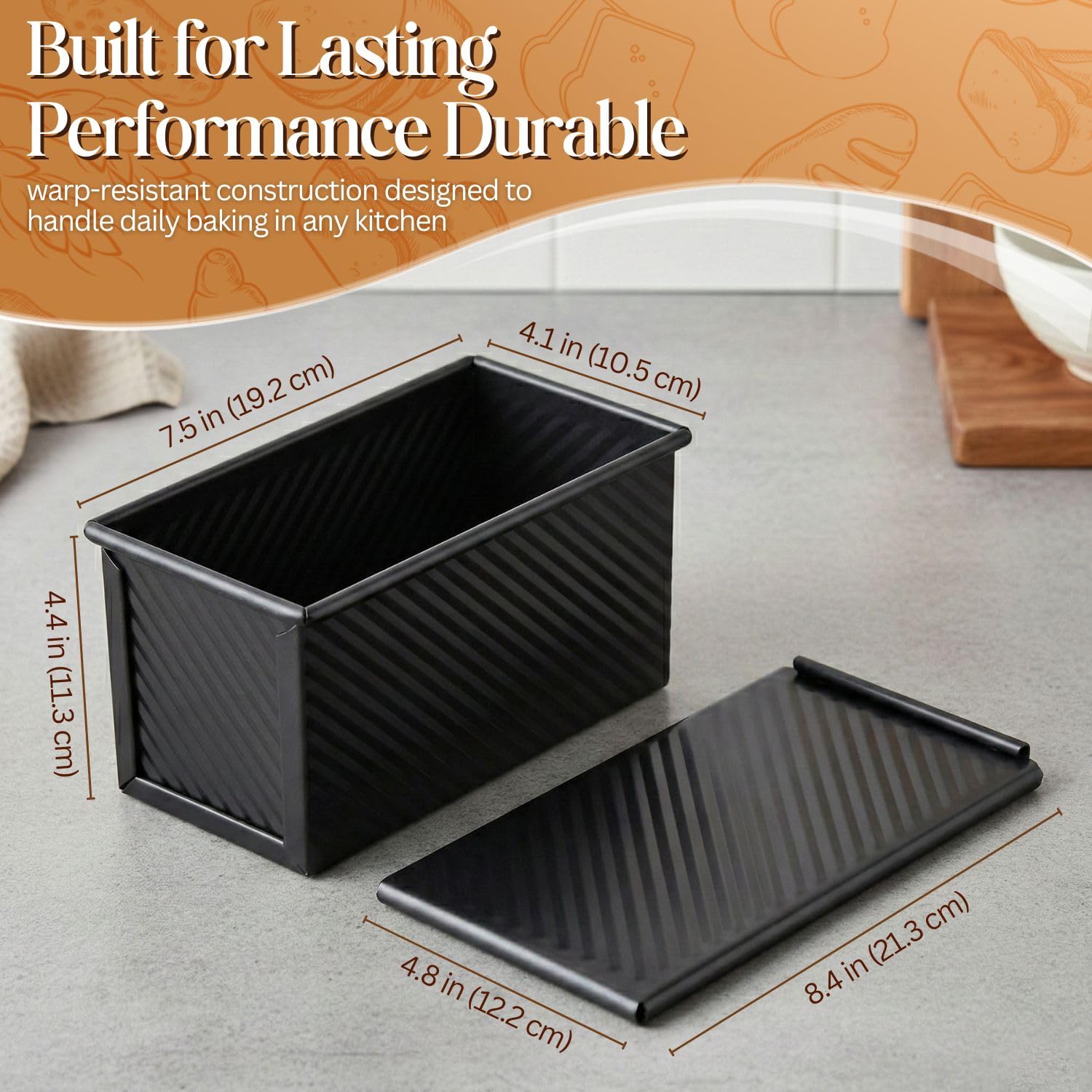 Flexzion Pullman - Molde para pan con tapa, molde para pan casero, capacidad de masa de 1 libra, molde cuadrado corrugado negro, pastel, masa madre de sándwich, molde para pan con tapa (paquete de 2)