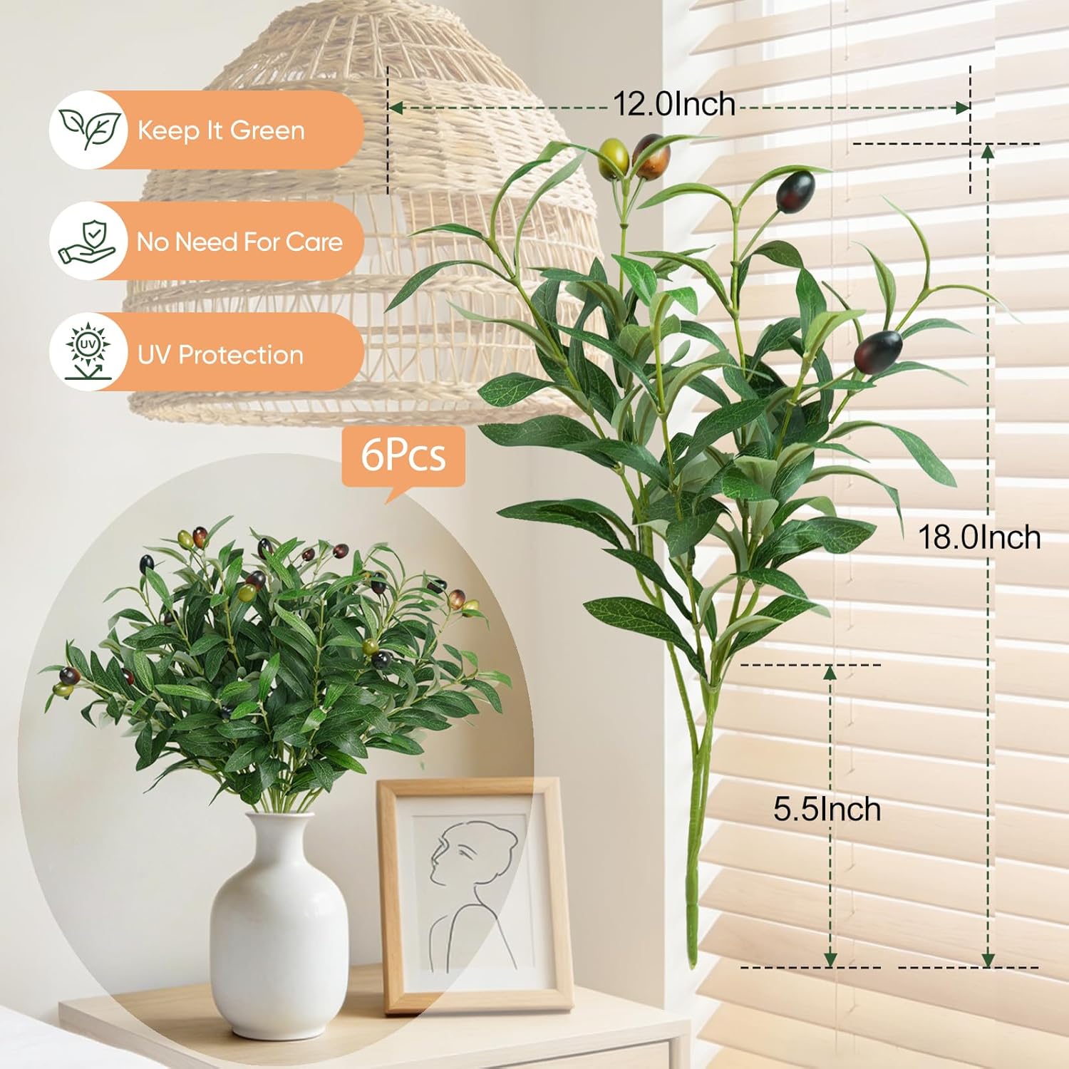Faux Olive Branches, 18''Artificial Olive Stems,Perfect Greenery for Vase,Greenery for Centerpieces,Coffee Table,Home Decoration for Dining Room & Living Room,6pcs