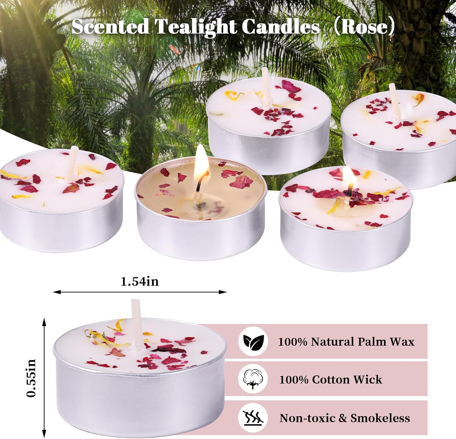Rose Scented Tealight Candles 16 Pack - 4-Hour Palm Wax White Tea Lights, Plant Dried Flower Tea Lights Candle (Paraffin-Free), Scented Votive Candles for Home/Yoga/Bath/Meditation - Image 3