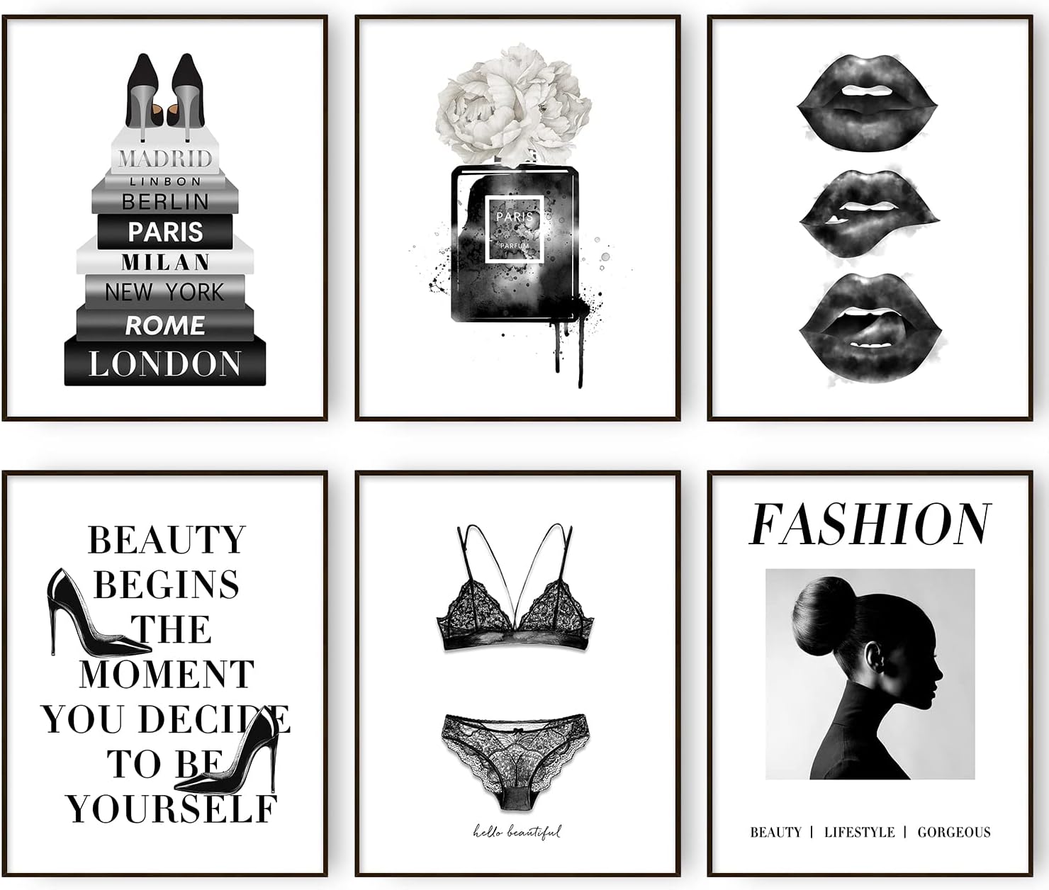 BARATIE Glam Fashion Wall Art Bedroom Decor for Women Black and White Wall Art Prints Makeup Wall Decor Girls Room Artwork Wall Pictures Set of 6 Home Decor (8"x10" UNFRAMED, Black and White)