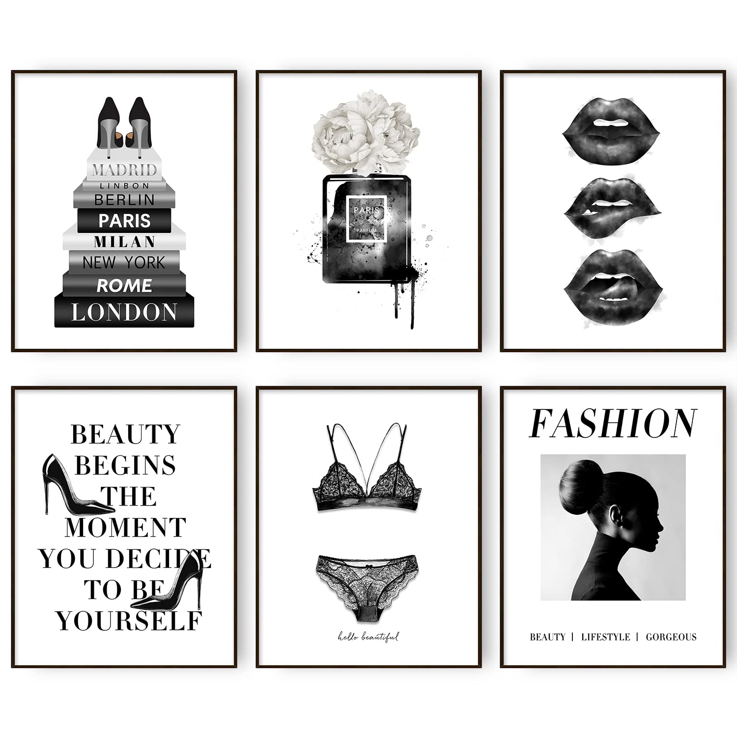 Glam Fashion Wall Art Bedroom Decor for Women Black and White Wall Art Prints Makeup Wall Decor Girls Room Artwork Wall Pictures Set of 6 Home Decor (8"x10" UNFRAMED, Black and White)
