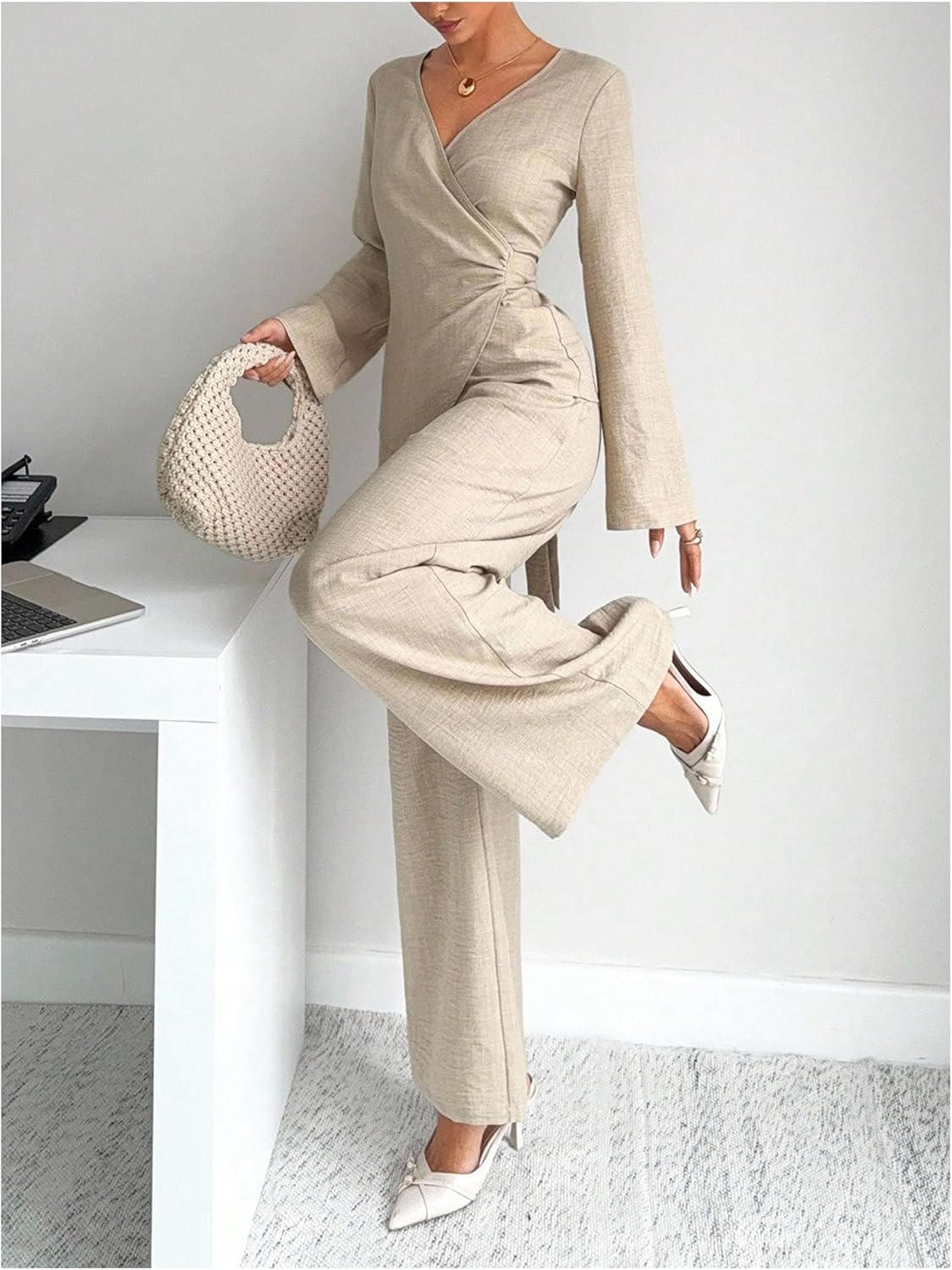 SweatyRocks Women's 2 Piece Outfits Long Sleeve Wrap V Neck Blouses and Pants Matching Sets Teachers Outfits - Image 2