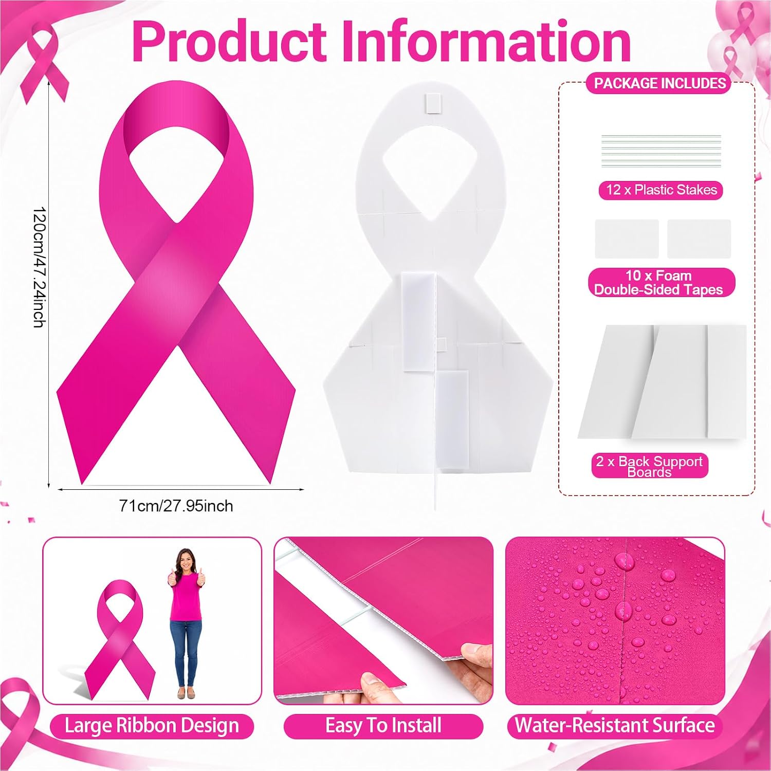 4 FT Pink Ribbon Awareness Stand-Up for Indoor Outdoor Decor