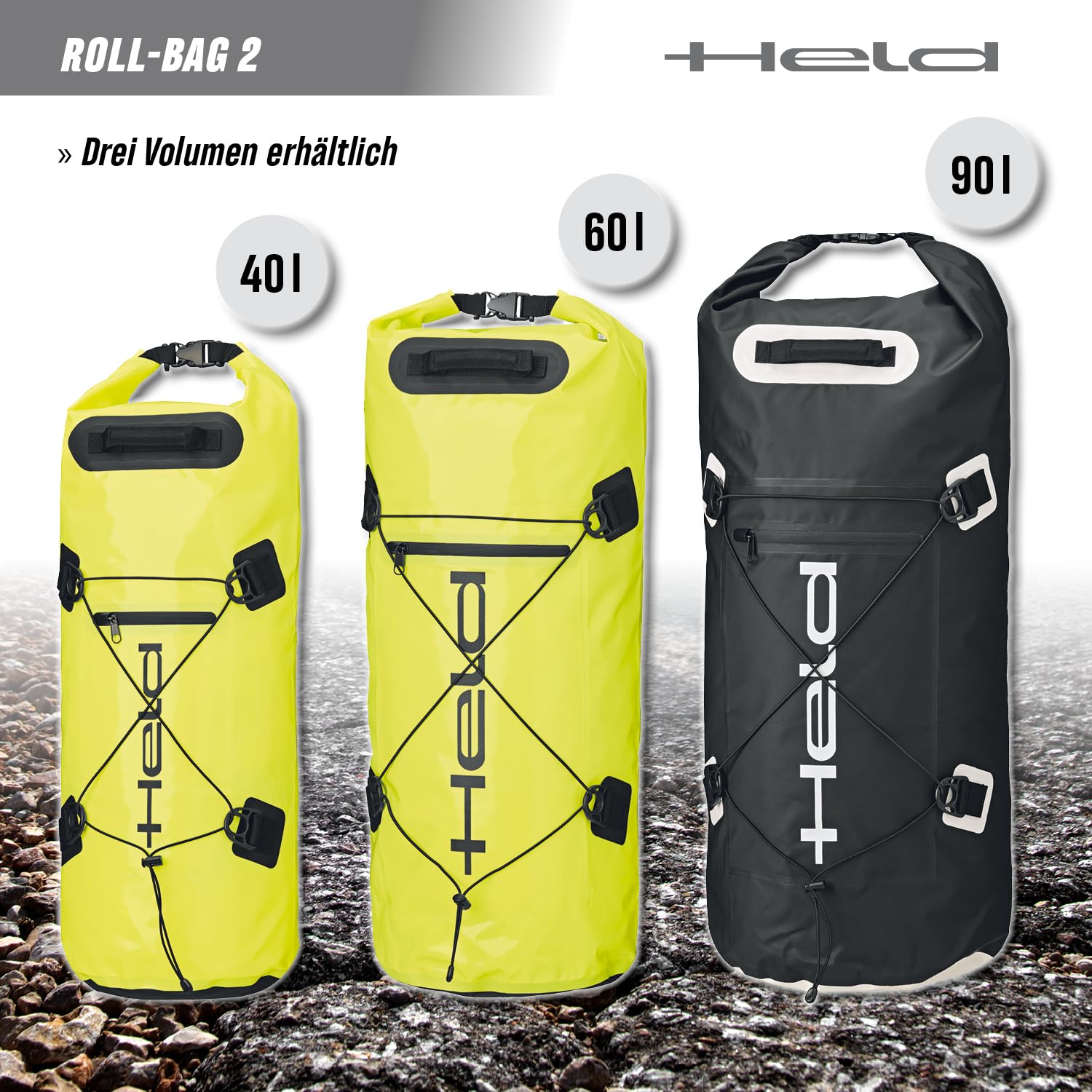 Held Roll-Bag 2 Motorrad Tasche - 100% wasserdichte und Staubdichte Hecktasche Motorrad aus Starkem Tarpaulin mit Reflex-Prints & Roll-Klickverschluss - Größe 40 Ltr. - Schwarz