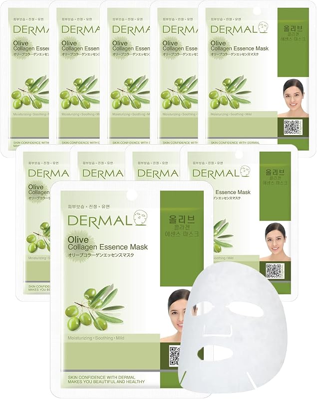 Máscara facial em folha DERMAL Olive Collagen Essence com extrato de oliva – Pacote com 10