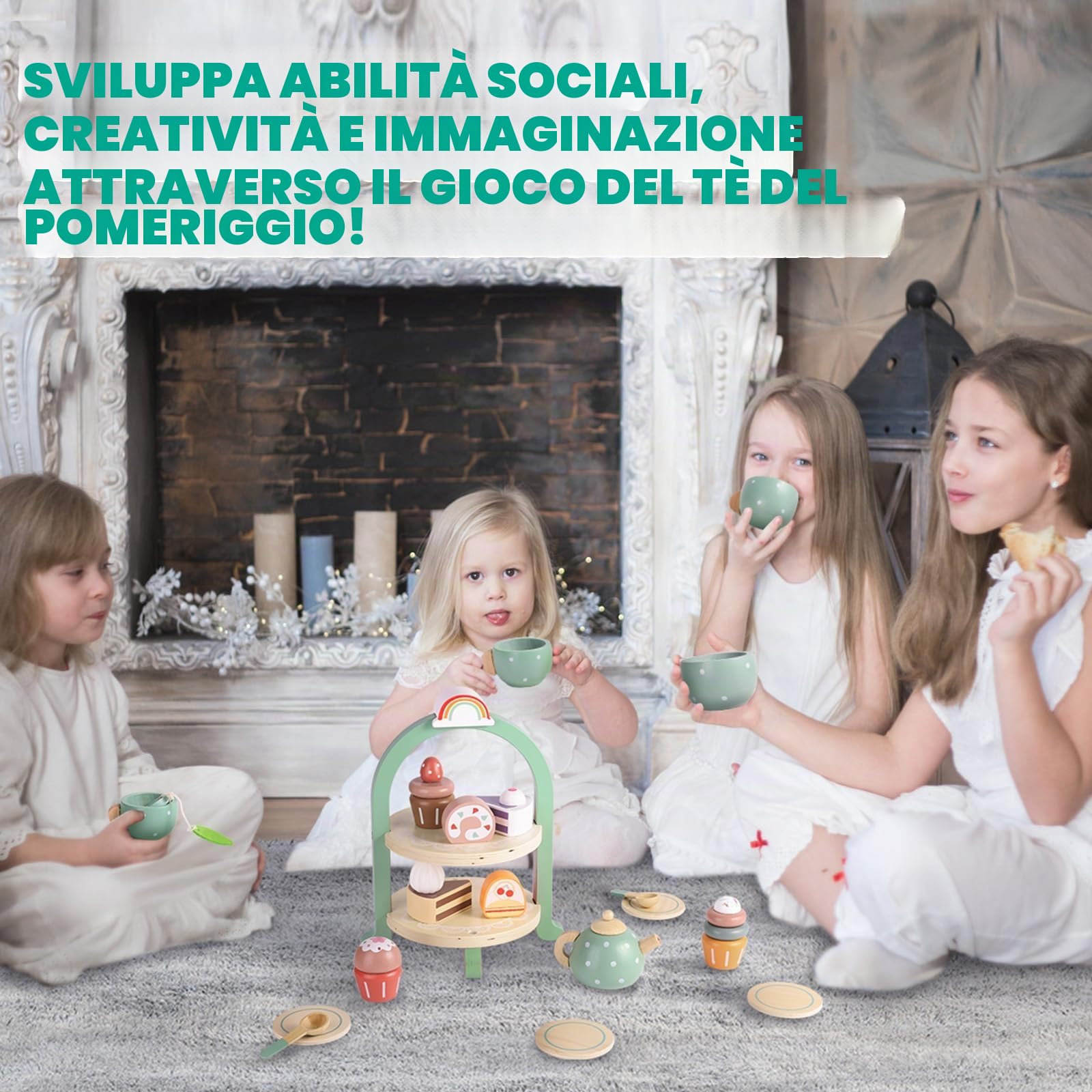 GAGAKU, Set da tè in legno per bambini e bambine, con accessori e cibo finto