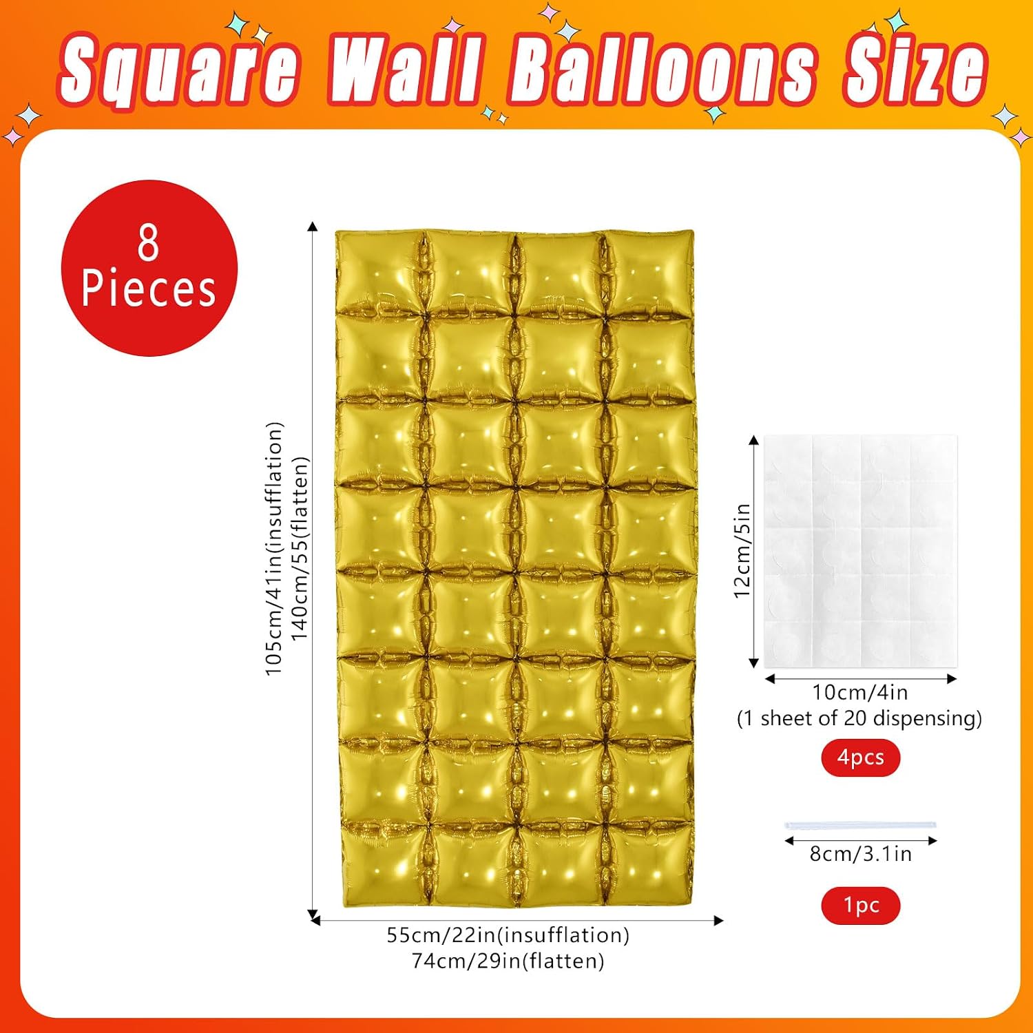 8 pcs Gold Double Sided Square Foil Balloons Wall Tunnel Garland Arch Kit Wall Backdrop Chrome Gold Balloons for Bachelorette Engagement Wedding Birthday Party Decorations (Gold) image 2