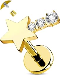OUFER Body Piercing Helix Earring: 16G Titanium Star CZ Labret Piercing Jewelry Internally Threaded 6mm Bar Gold/Silver Cartilage Tragus Lip Piercings for Women