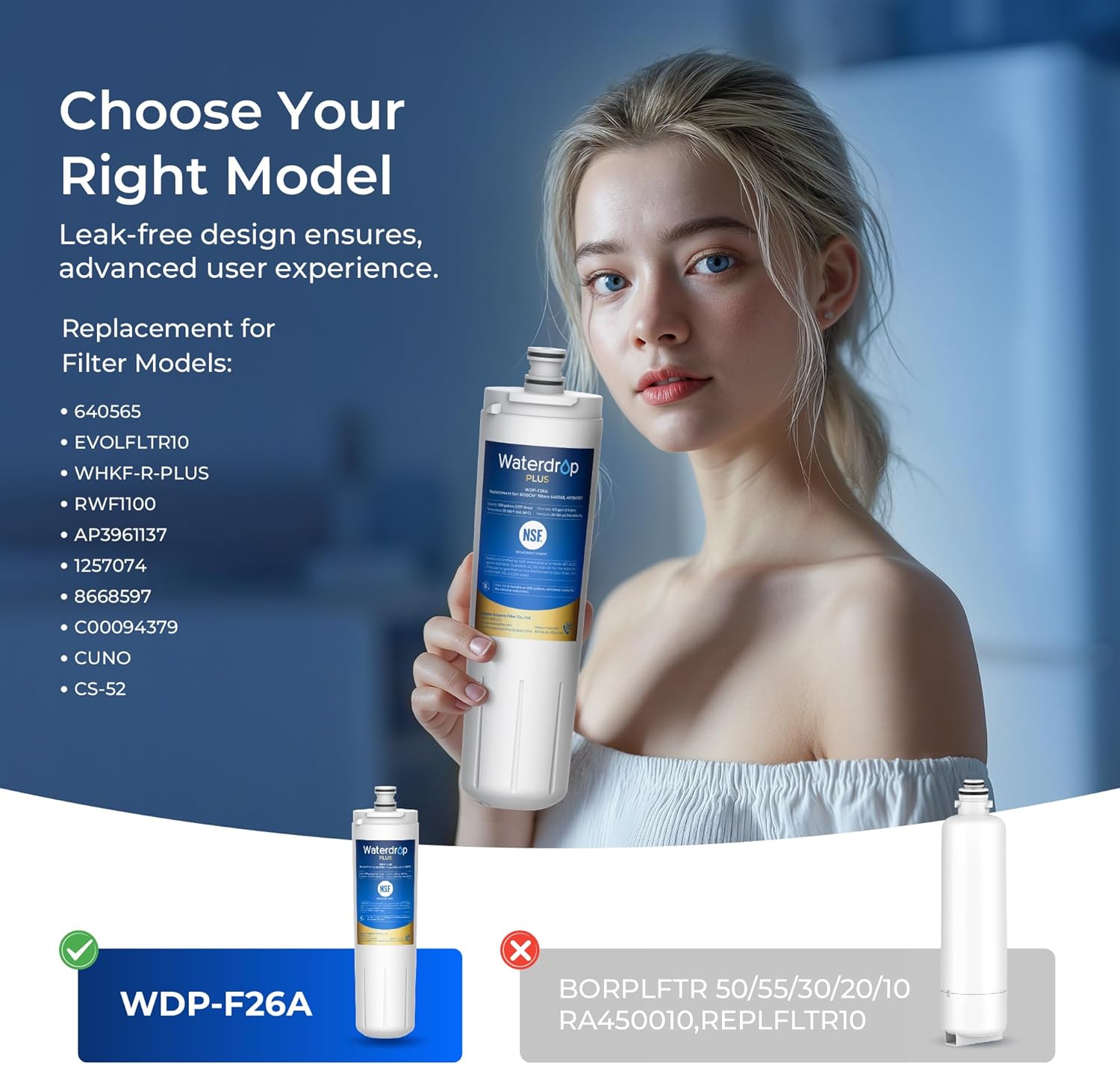 Waterdrop Plus 640565 Refrigerator Water Filter, Reduce Lead&PFAS, Replacement for Bosch® 640565, NSF 401, 53 & 42 Certified, 3 Filters (Package May Vary)