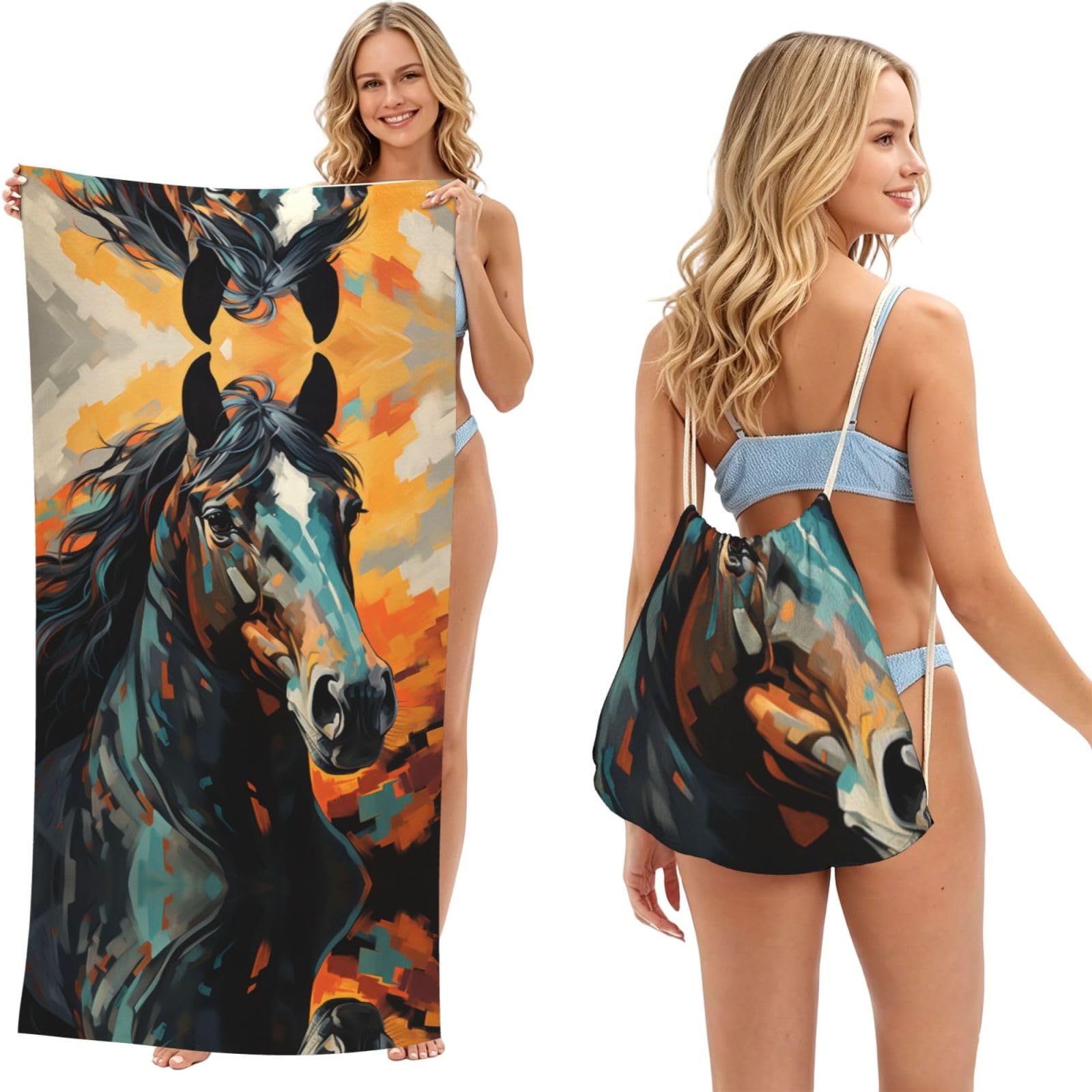 SXZVVBN Painting of a Horse 2-in-1 Beach Towel Bag, Quick Dry Sand Free Travel Towel Backpack for Adults
