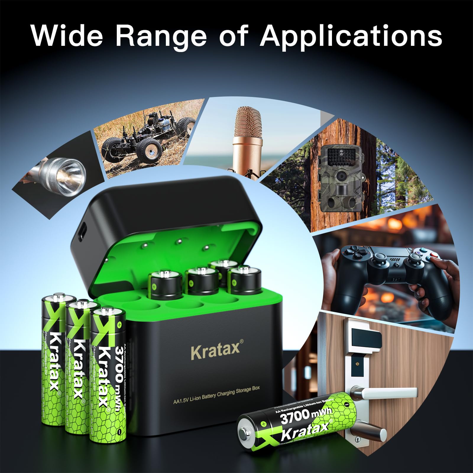 Kratax wiederaufladbare Lithium-Batterien mit Ladegerät, 3700 mWh, hohe Kapazität, Doppel-A-Li-Ionen-Batterien, 1,5 V, langlebig, Ladebox mit AA-Lithium-Akku, wiederaufladbar, 8 Stück