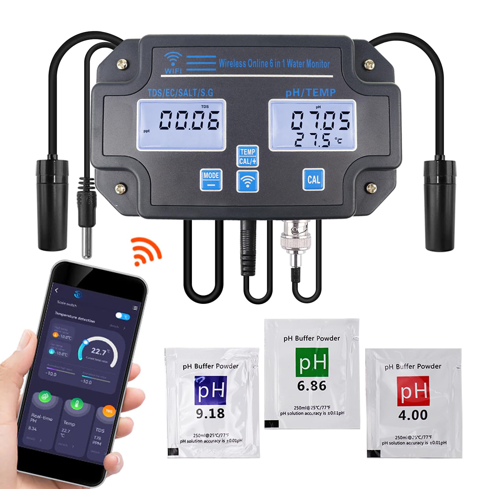 Probador de calidad de agua WLAN, monitor de pH 6 en 1, mide pH/EC/TDS/salinidad/peso y temperatura, monitoreo de aplicaciones en línea las 24 horas y almacenamiento de curvas de datos, medidor de pH