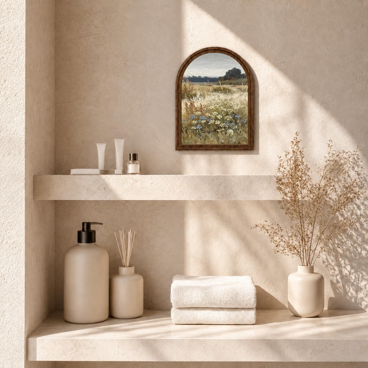 Rustic Farmhouse Tabletop Decor Sign, Arched Wooden Frame Wildflower Meadow Artwork for Desk Shelf Display, Soft Floral Landscape Accent, Gift for Home Decor Lovers