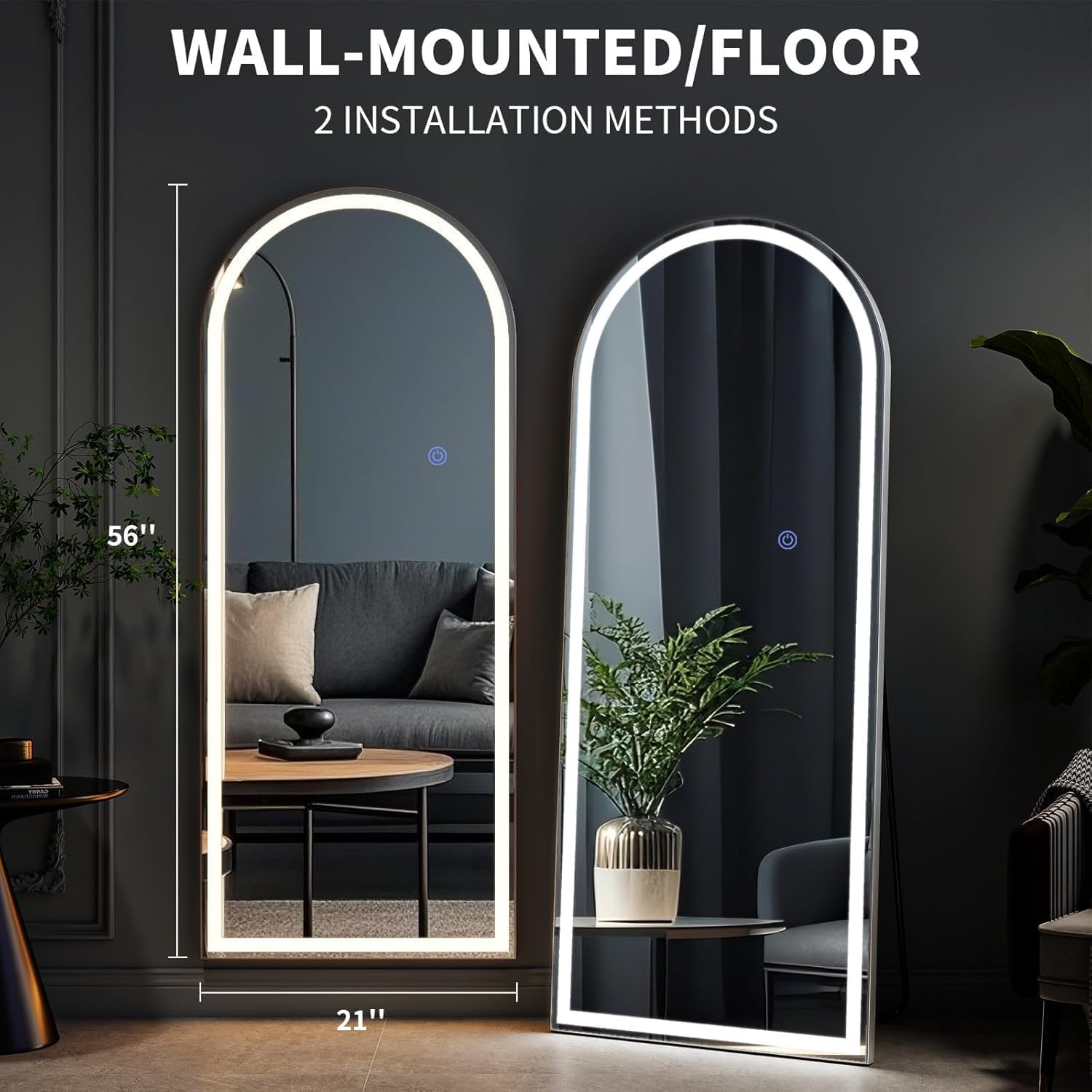 VooBang 56"x21" LED Mirror Full Length - Arched Floor Body Mirror with Dimmable Lights - 3 Color Modes, Standing Leaning Wall Mounted for Bedroom, Dressing Room