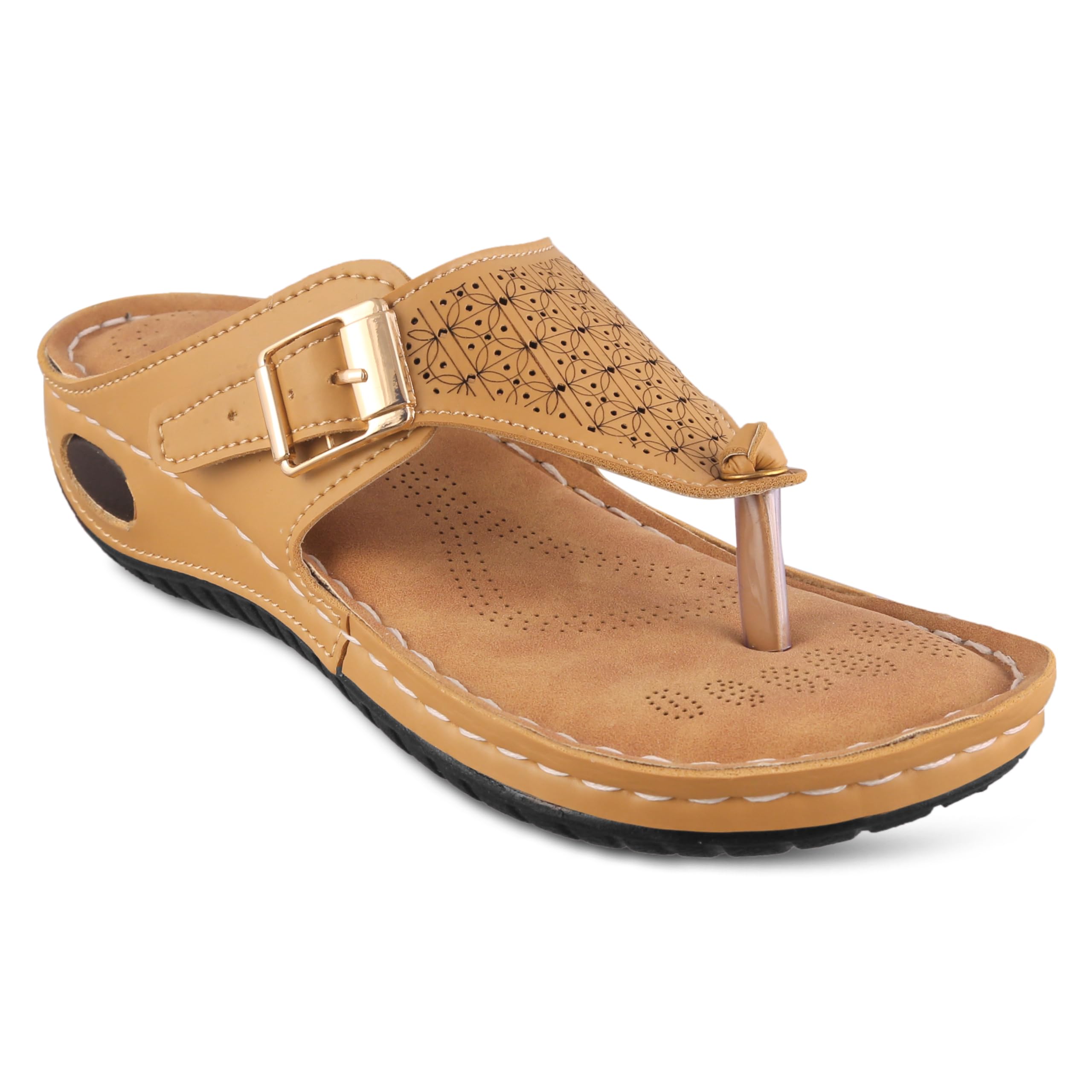 Women's Comfort Toe-Post Wedge Sandal with Adjustable Buckle Strap, Laser-Cut Pattern Upper-picture-13
